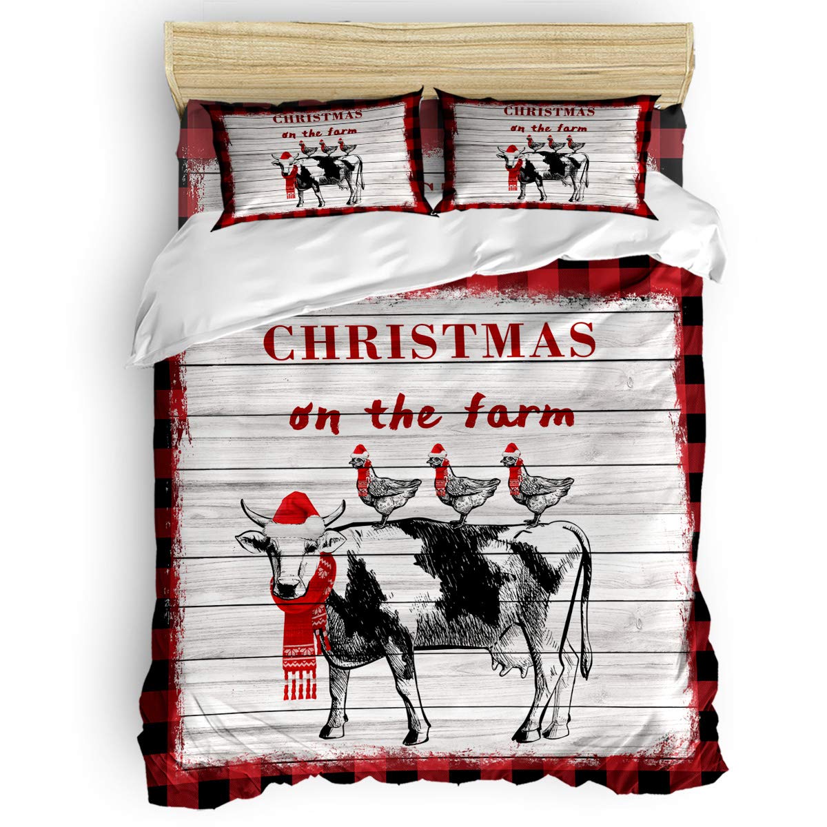 Premium 4-Piece California King Bedding Set - Farm Animal Christmas Themed Duvet Cover, Sheet & Pillow Shams - Sketch Cow Chicken Wooden Stripes Red Plaid Design for Kids & Teens - Perfect for Holiday Decor, Farmhouse Style Bedrooms & Cozy Winter Nights