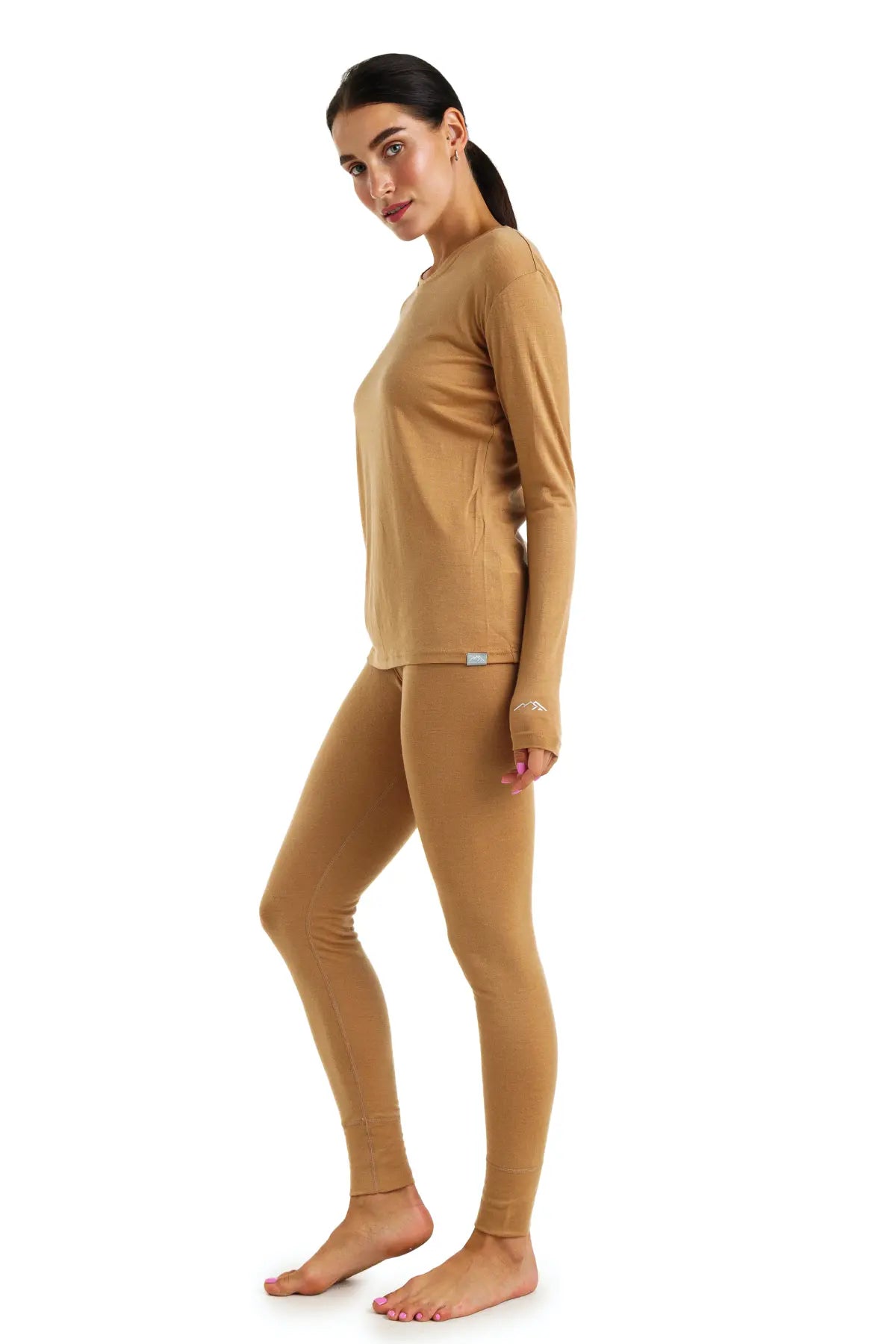 Women's Merino Wool Thermal Underwear Set - 165 Camel Color - Soft & Warm Base Layer for Winter, Hiking & Outdoor Activities