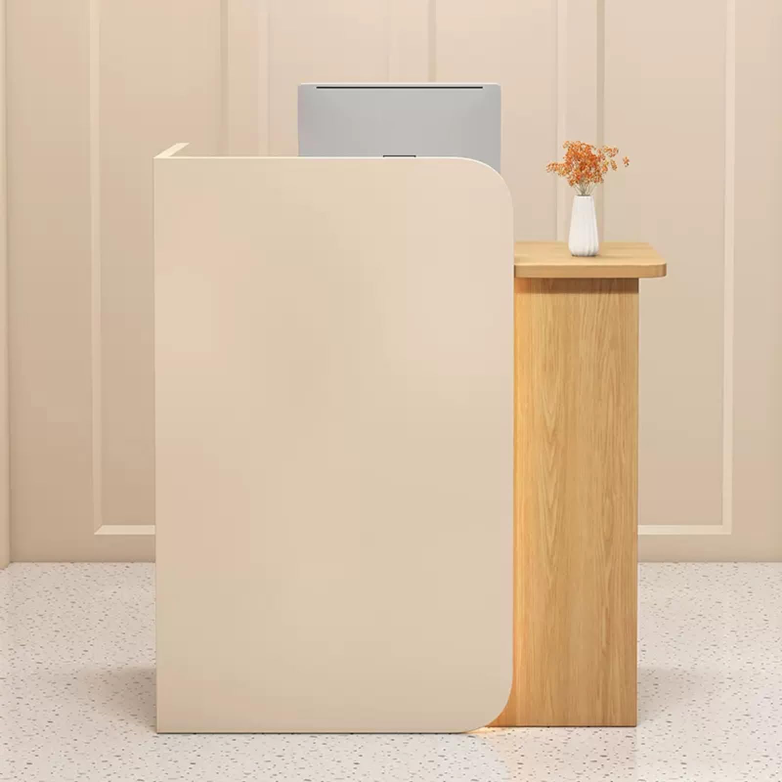 Modern Reception Desk with Lockable Drawer & Storage - Wooden Front Office Counter for Spa, Salon & Retail - Khaki & Wood Finish Cashier Cabinet for Checkout & Customer Service Areas