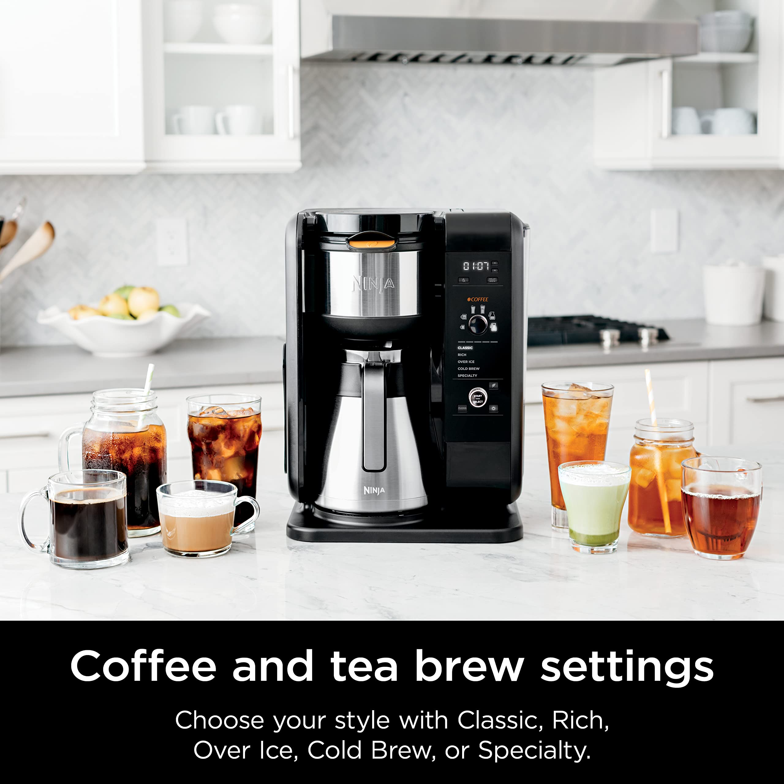 Ninja Hot and Cold Brewed System - 50 oz Tea & Coffee Maker with Auto-iQ Technology, 6 Brew Sizes & 5 Tea Styles, Thermal Carafe & Frother, Dishwasher Safe (Black, CP307) - Perfect for Home, Office & Entertaining