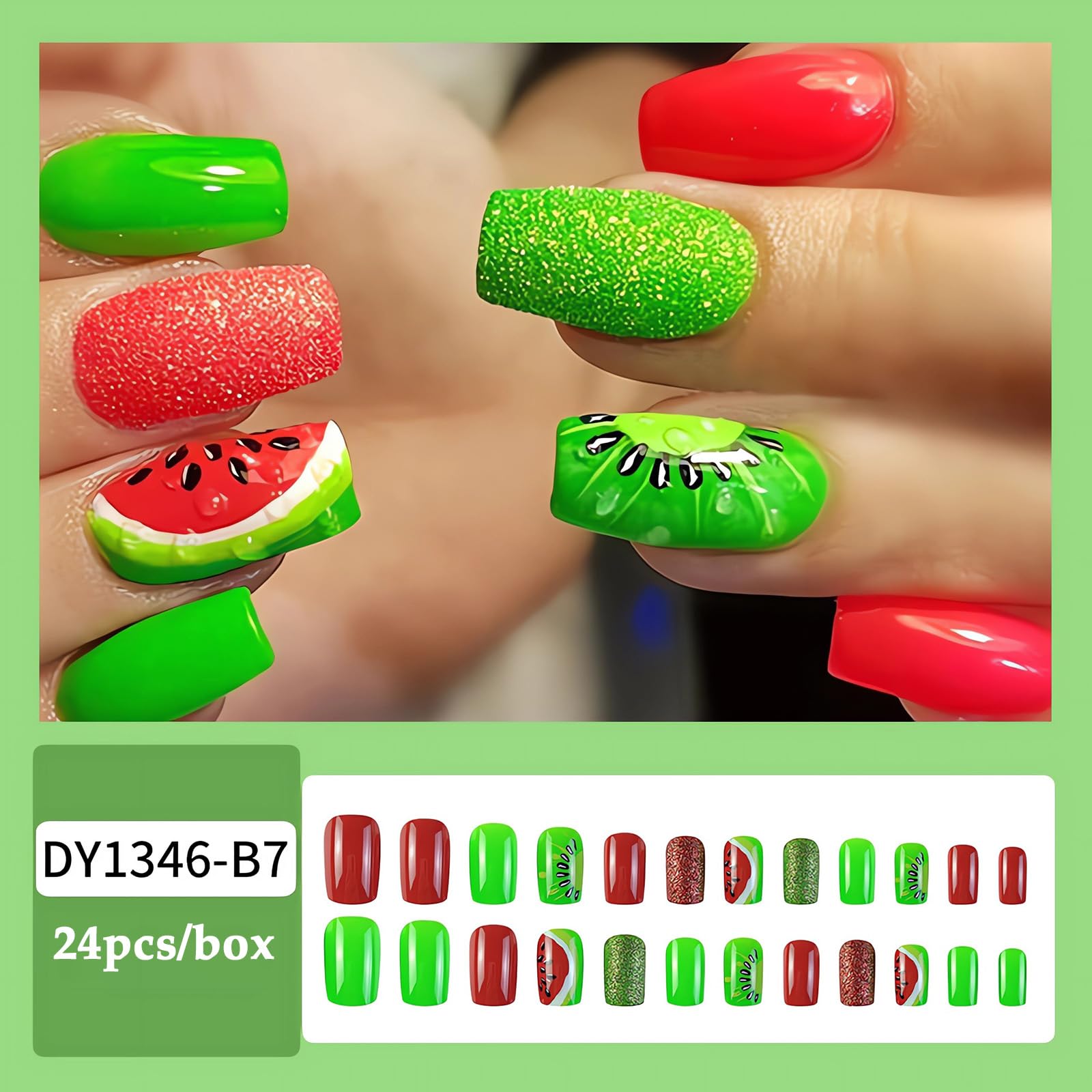24PCS Summer Press on Nails - Square Shape Medium Length Fake Nails with Watermelon Designs | Cute Acrylic Glue on Nails for Women | Reusable Stick on Nails for DIY Manicure | Perfect for Pool Parties, Beach Vacations & Summer Nail Art