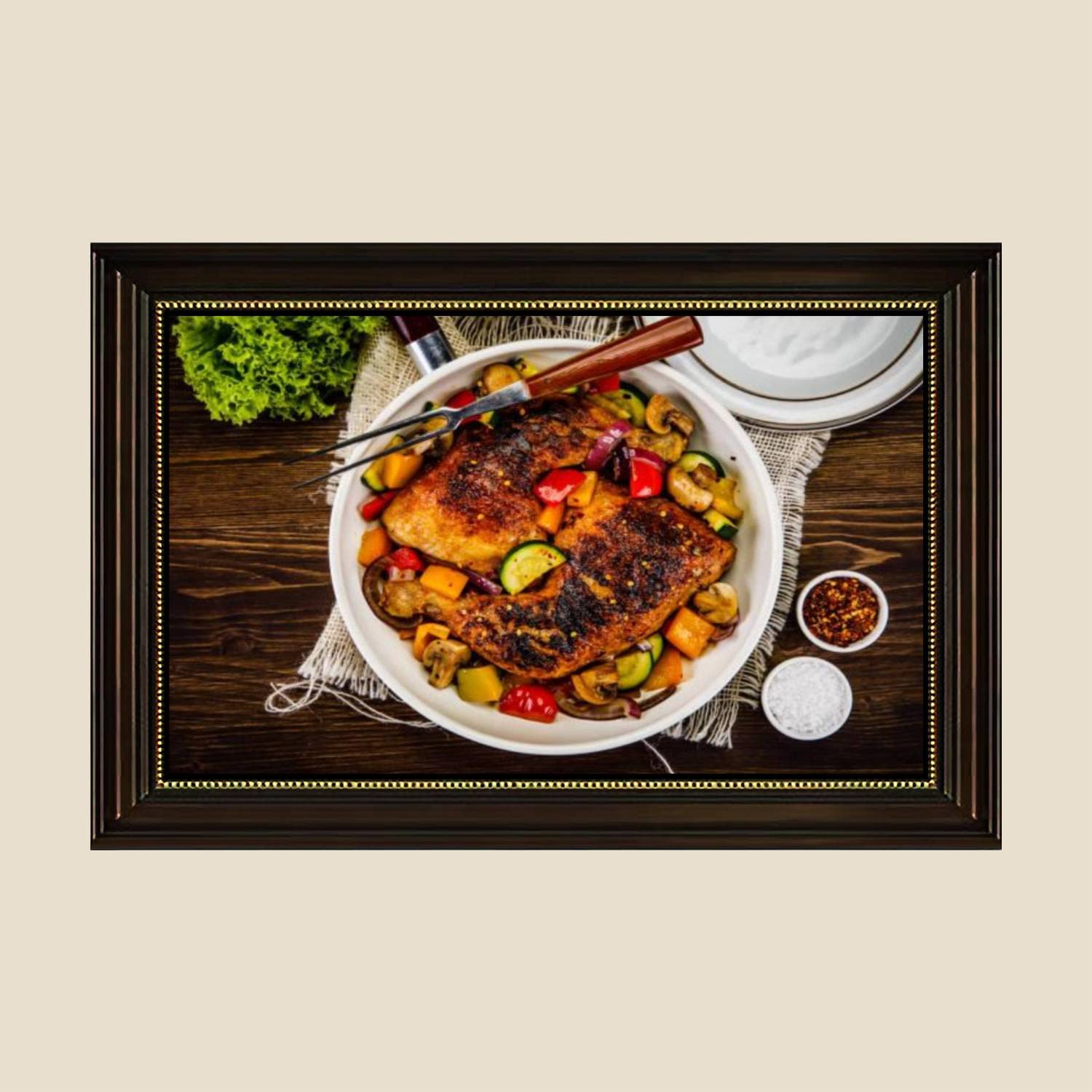 Vintage Fried Chicken & Vegetables Canvas Wall Art Print - 24x36 Inch Retro Kitchen Decor Painting Poster, Ready to Hang for Dining Room, Cafe & Farmhouse Style Home Decor