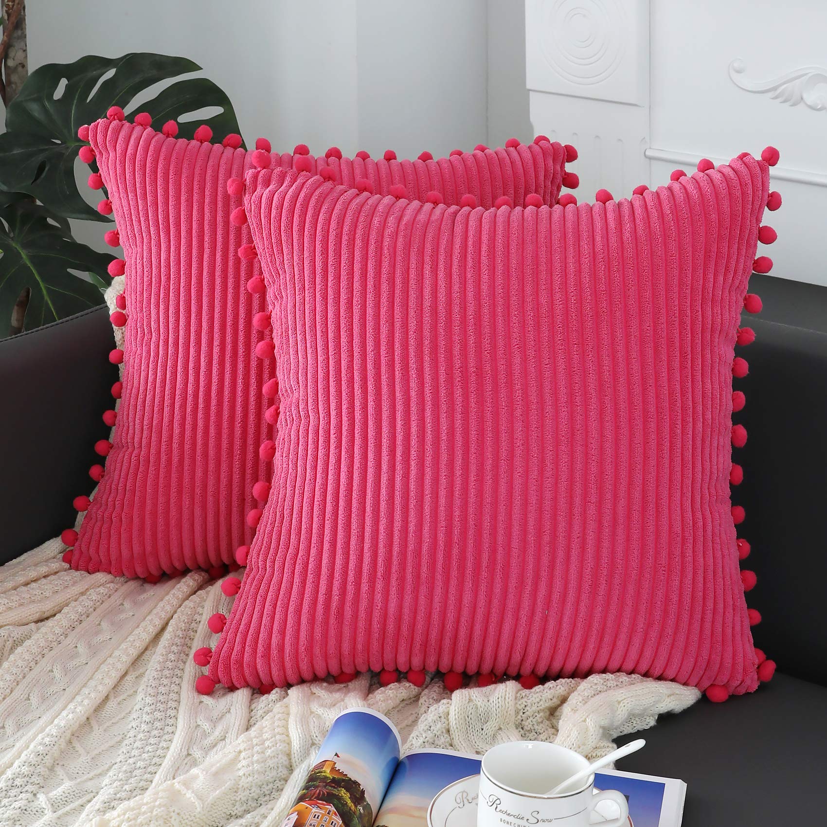 Soft Striped Boho Farmhouse Decorative Throw Pillow Covers 20x20 Inch - Hot Pink with Pom Poms (Pack of 2) for Couch, Sofa, Bed, Chair & Outdoor Use - Perfect for Living Room, Bedroom & Patio Decor