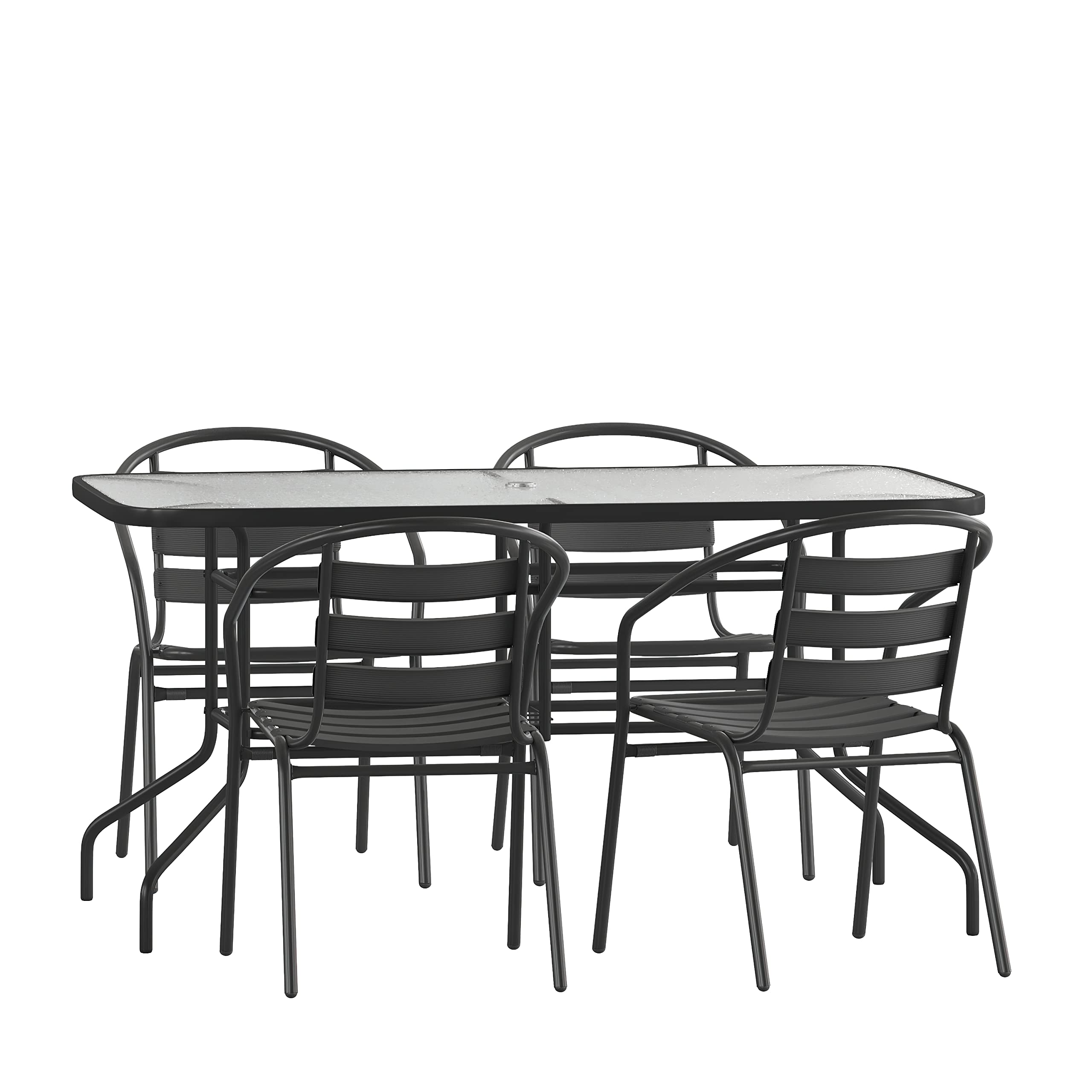 5-Piece Outdoor Patio Dining Set with 4 Black Metal Aluminum Slat Stack Chairs & 55