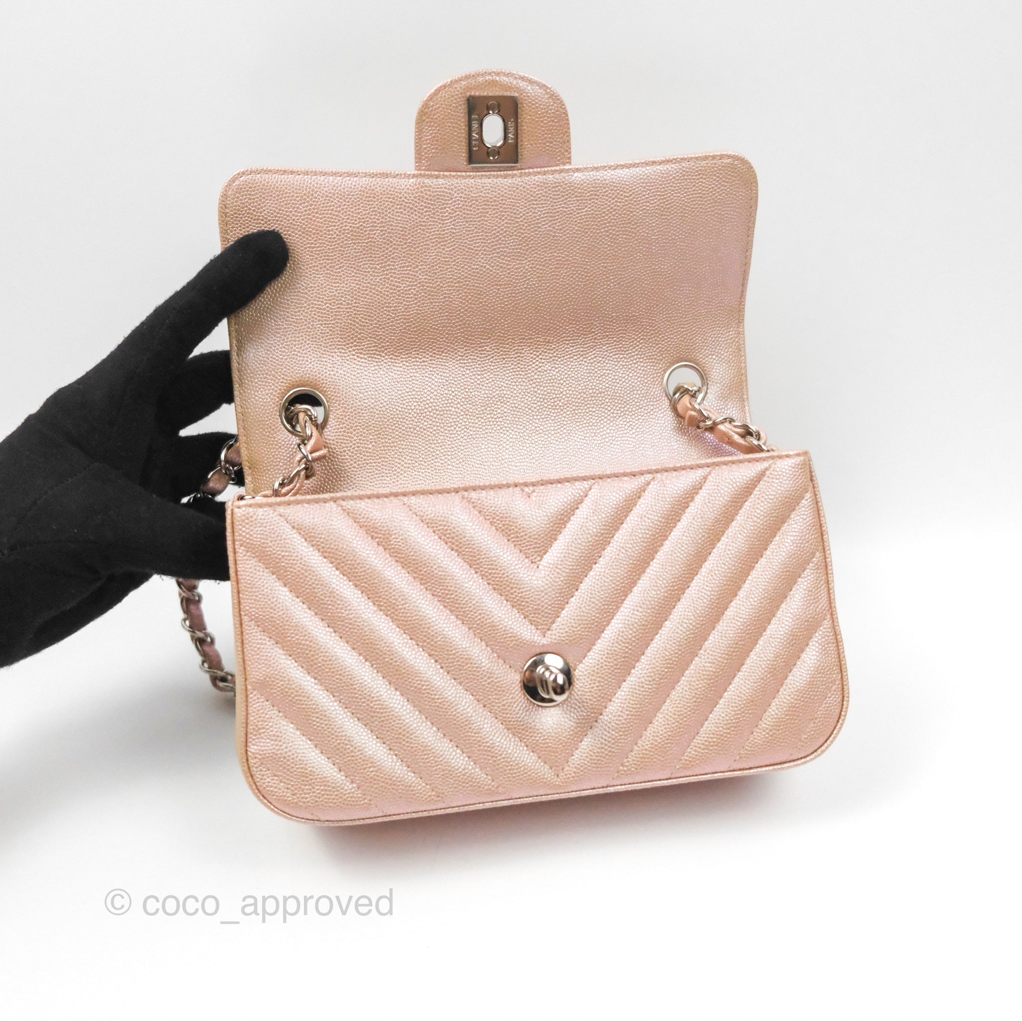 Chanel Chevron Mini Rectangular Flap Bag in Iridescent Rose Gold Caviar Leather with Ruthenium Hardware - Perfect for Evening Events & Luxury Fashion Accessories