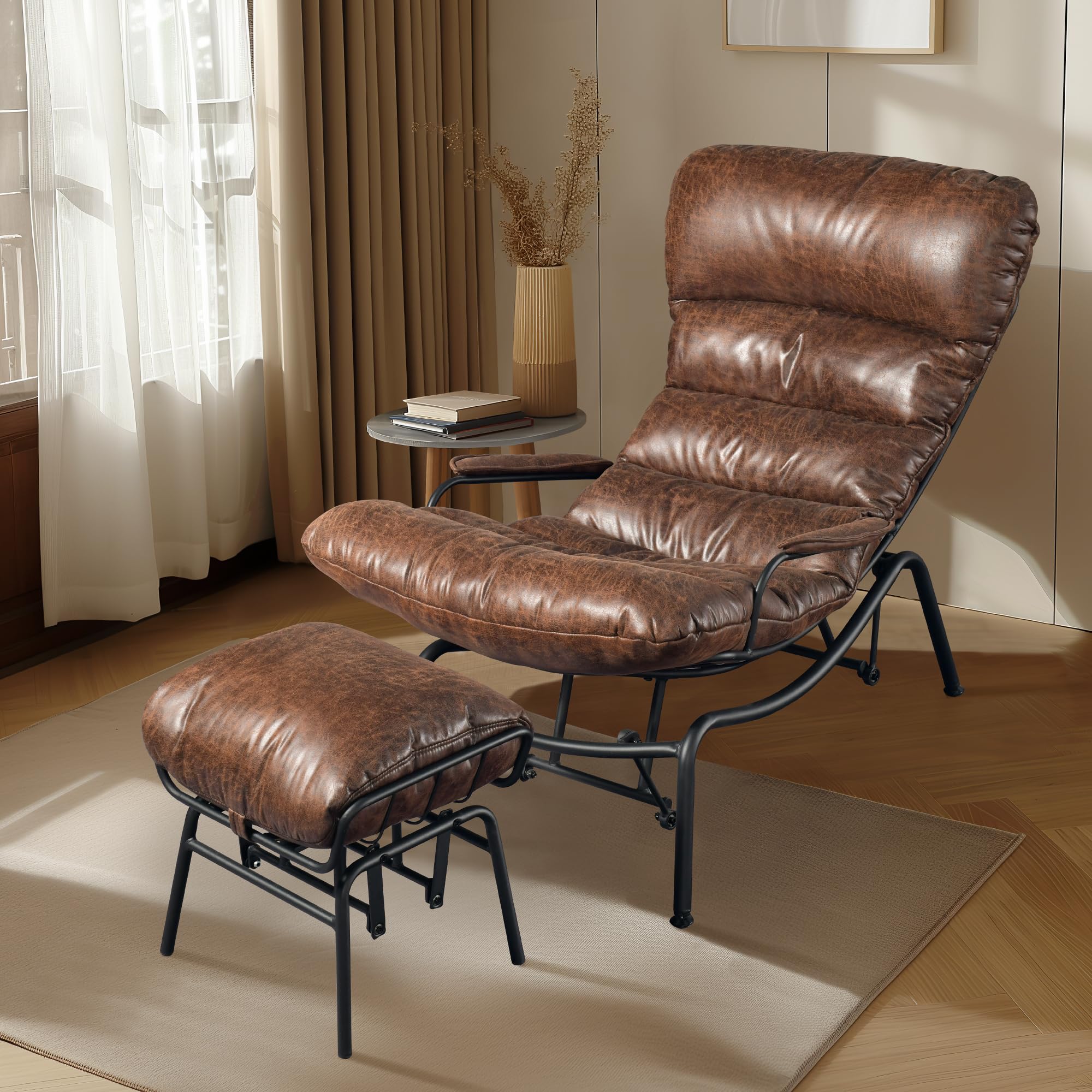 Lazy Lounge Chaise Chair with Ottoman - Comfortable Faux Leather Rocking Recliner for Adults with Arm Cushions, Perfect Reading Chair for Bedroom & Living Room - Dark Brown - Ideal for Relaxing, Reading Books or Watching TV