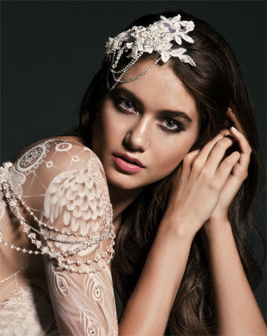 Elegant Bridal Headpiece with Lace & Diamante Chains - Kezani Harlow Deluxe Wedding Hair Accessory for Brides, Bridesmaids & Special Occasions