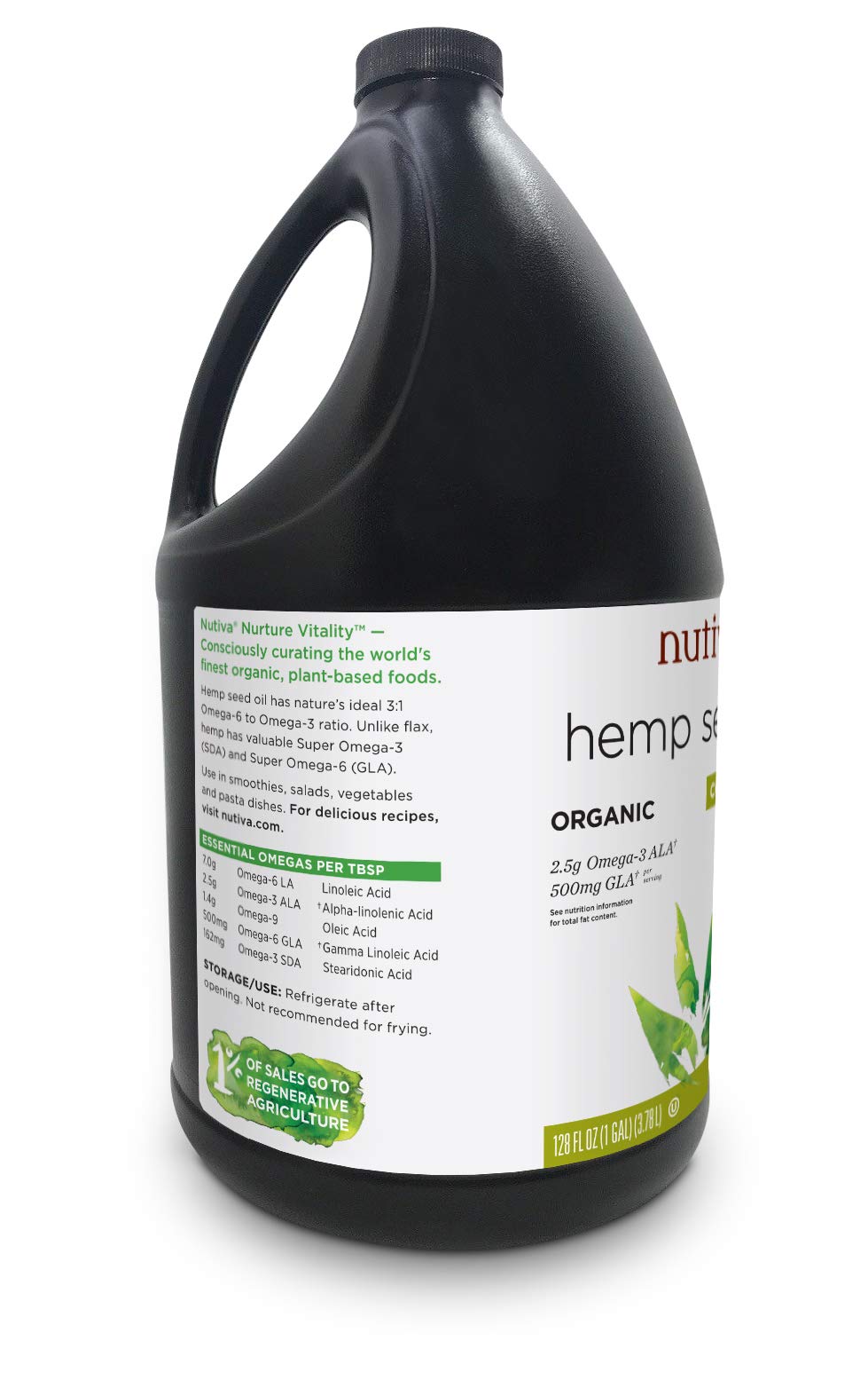 Nutiva Organic Cold-Pressed Unrefined Raw Hemp Seed Oil, 1 Gallon - USDA Organic, Non-GMO, Vegan, Keto & Gluten-Free - Rich in Omega 3 & 6 Fatty Acids - Perfect for Salad Dressings, Smoothies & Skin Care