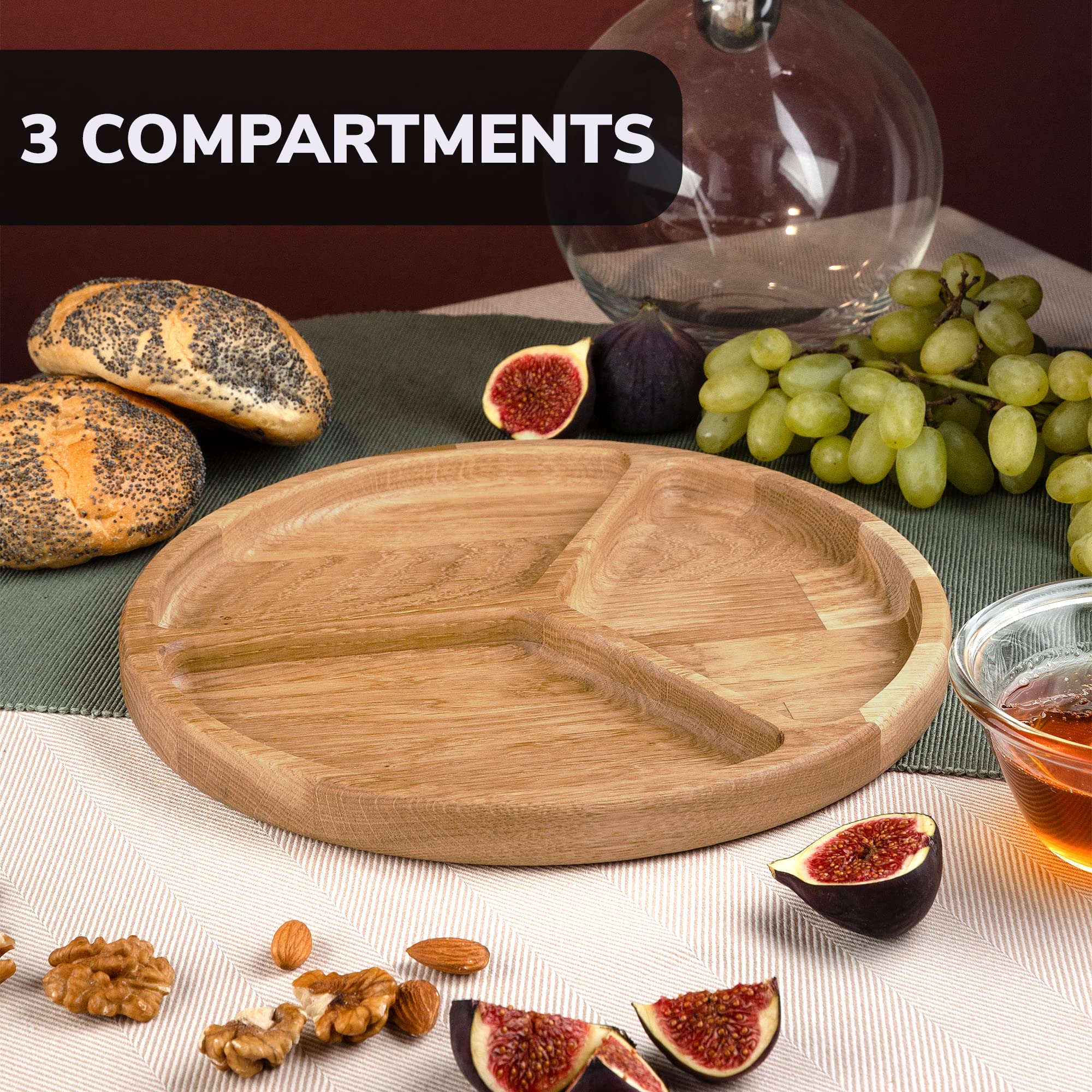 10 Inch Portion Control Plate with Dividers - 3 Section Wooden Dish for Adults - Oak Compartment Plate for Healthy Eating & Weight Management - Perfect for Meal Prep, Portion Control, and Balanced Diets