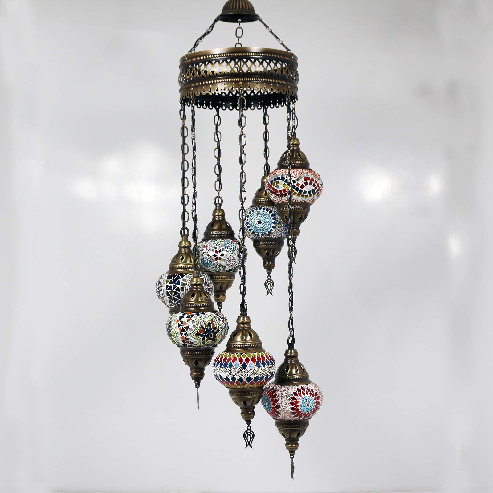 Authentic Turkish Moroccan Mosaic Ceiling Lamp - Handcrafted Oriental Style Hanging Light with 7 Medium Glass Globes | Perfect for Living Room, Bedroom & Boho Home Decor