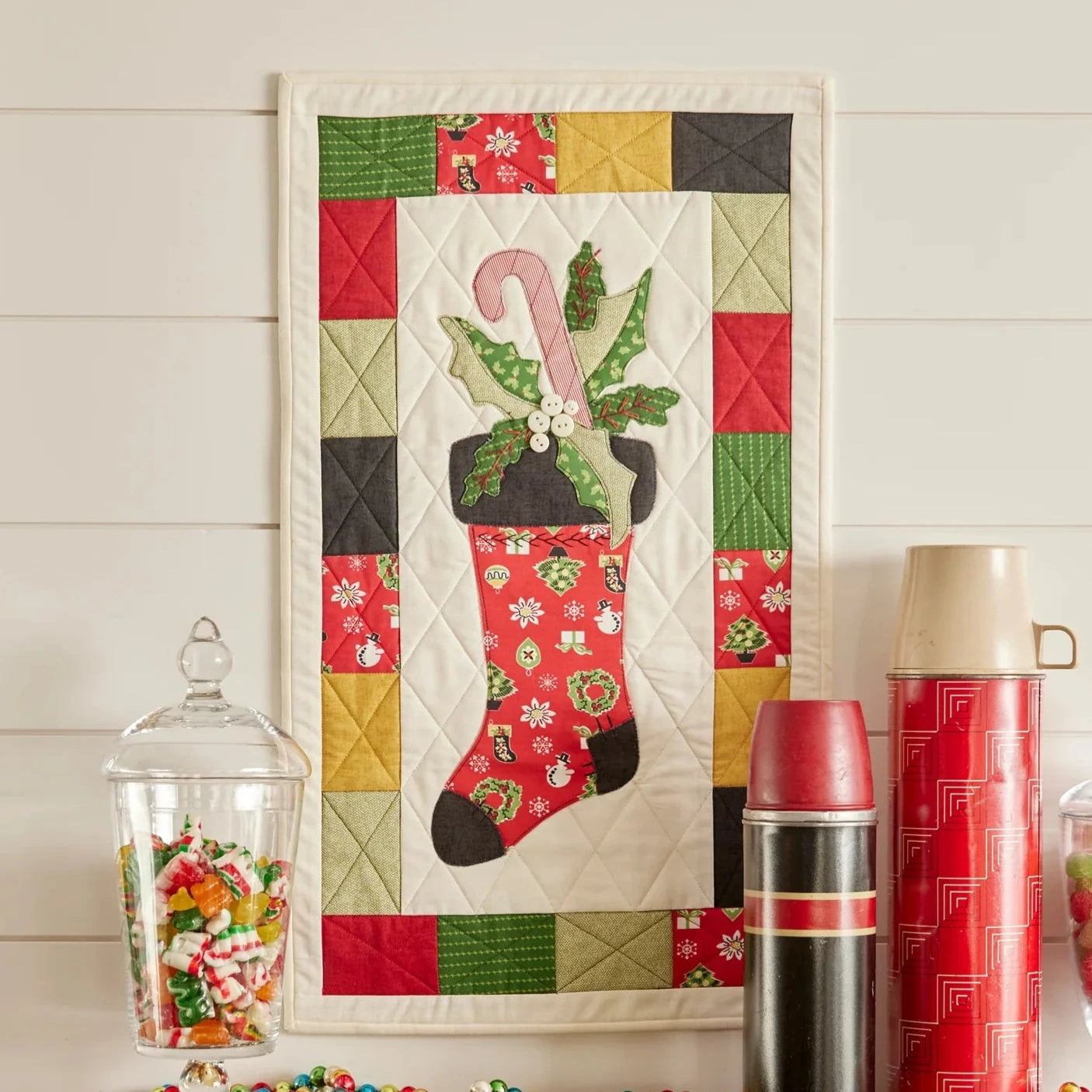 Buttermilk Basin Christmas Stocking Wall Hanging Quilt - Handmade Holiday Decor for Fireplace, Mantel, and Festive Home Decorations