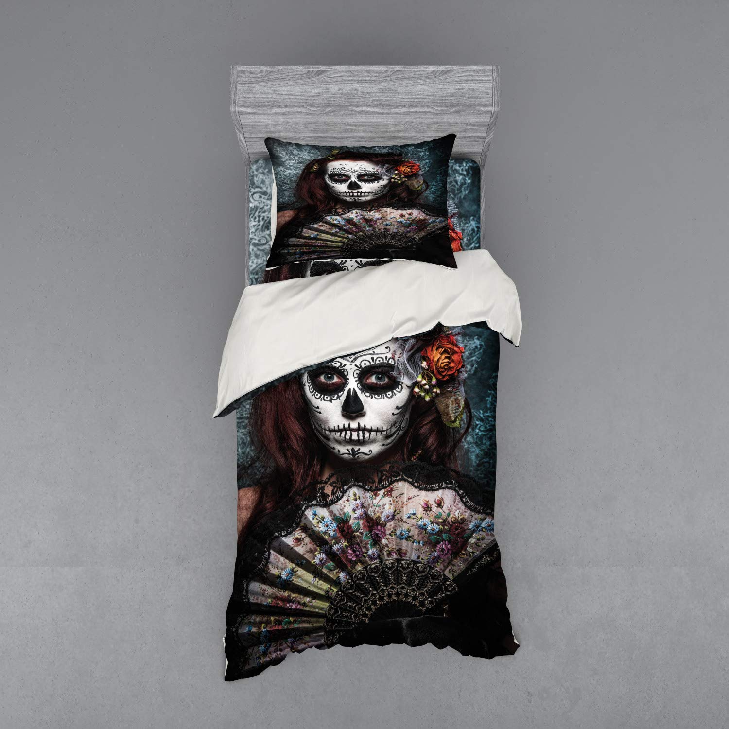 Ambesonne Day of The Dead Duvet Cover Set - Makeup Artist Girl Skull & Roses Gothic Artwork, 3-Piece Bedding Set with Pillow Sham & Fitted Sheet, Twin Size, Cadet Blue & Maroon - Perfect for Halloween Decor, Gothic Bedroom Theme & Mexican Folk Art Lovers