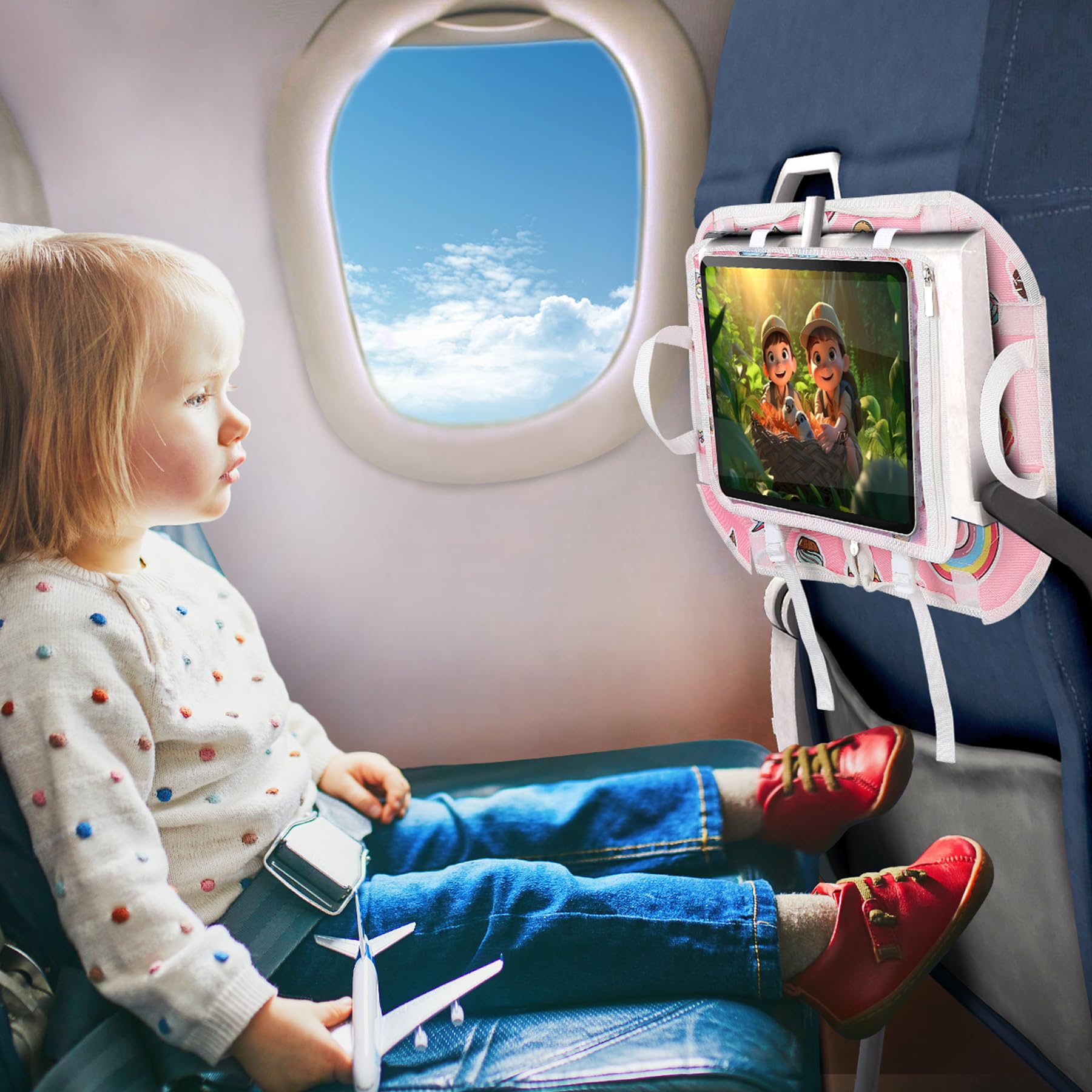 Foldable Kids Travel Tray with Storage Pockets - 2-in-1 Airplane & Car Seat Lap Tray with Crossbody Bag for Toddlers | Perfect for Snacks, Toys & Activities During Flights, Train Rides & Road Trips (Pink)