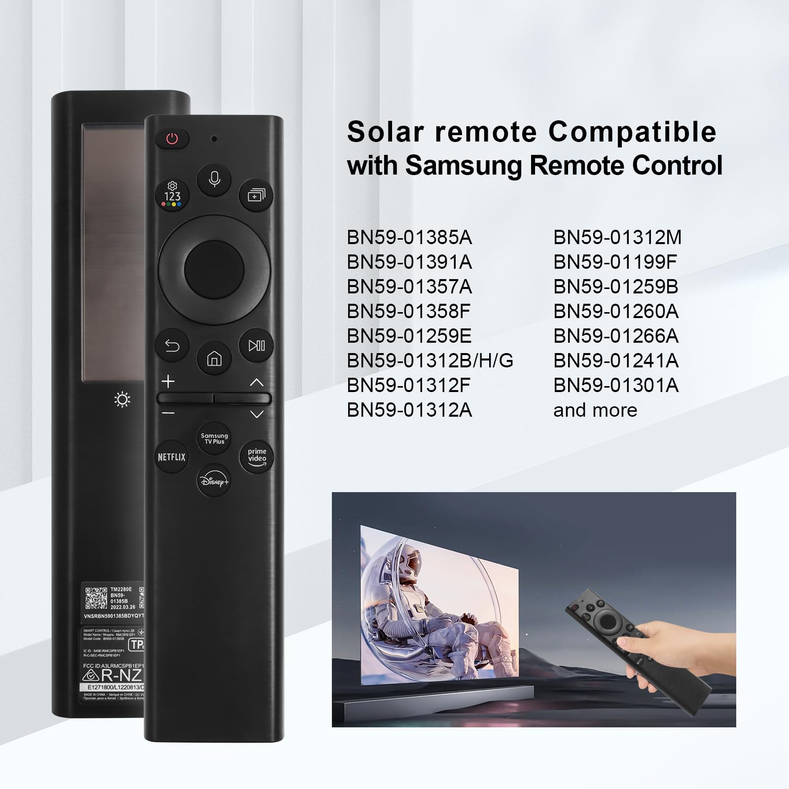 Solar-Powered Bluetooth Voice Remote for Samsung Smart TVs - BN59-01385A Replacement with Rechargeable Battery - Compatible with Frame, Neo, LED, Ultra HD TVs - Perfect for Home Entertainment & Smart TV Control