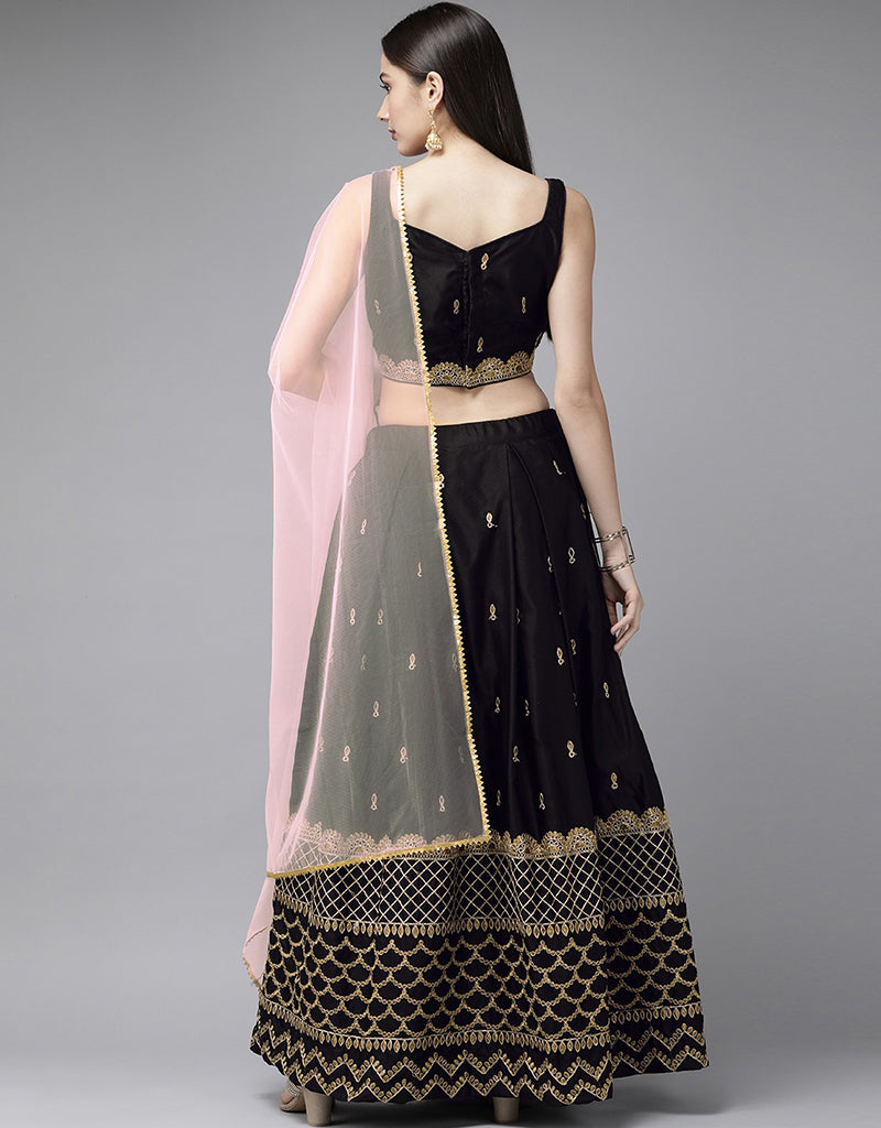 Elegant Black Taffeta Satin Lehenga Choli for Women - Traditional Indian Bridal Dress for Wedding, Festivals & Special Occasions