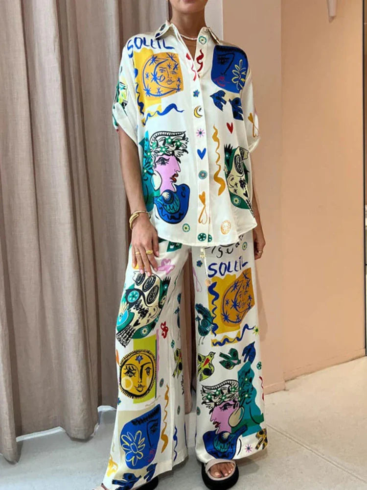 2 Piece Women's Outfit - Bohemian Print Half Sleeve Shirt & Wide Leg Pant Set | Summer Casual Loose Fit Matching Set for Beach, Vacation & Everyday Wear