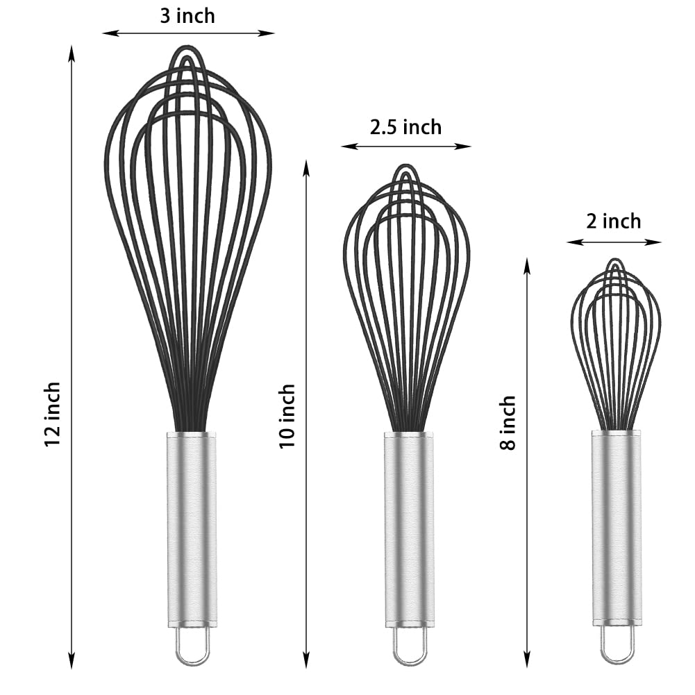 3-Pack Professional Silicone Whisks for Cooking - Non-Scratch Stainless Steel & Silicone Whisk Set - Safe for Nonstick Cookware - Perfect for Baking, Mixing Sauces, and Whipping Cream (Black)