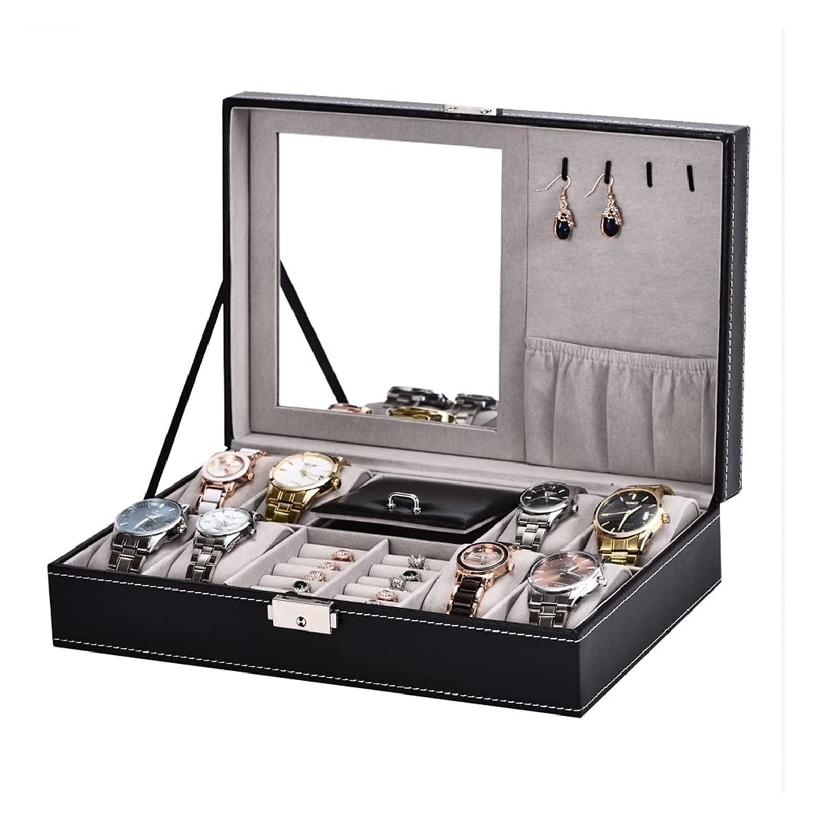 KSDCDF Black 8-Digit Watch Box - Jewelry Organizer with Mirror, No Window - Premium Watch Storage Case for Travel & Home Display