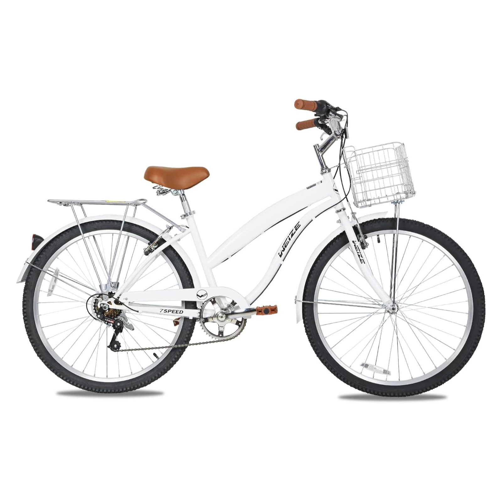 WEIZE 26 Inch White Beach Cruiser Bike for Adults - 7 Speed Commuter Bicycle with Comfortable Seat & Retro Style - Perfect for Beach Rides, City Commuting & Leisure Cycling