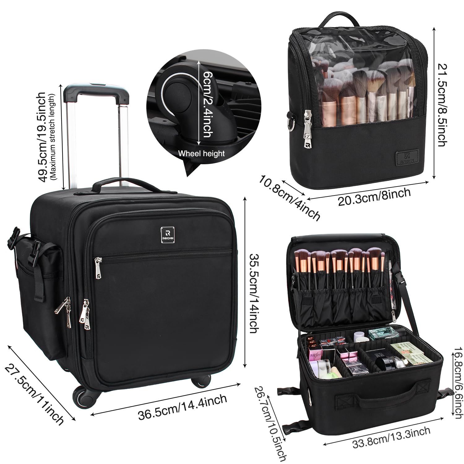 Relavel Professional Rolling Makeup Train Case - 4-in-1 Travel Cosmetic Organizer with Detachable Case, Dual Brush Holder & Wheels (Black, 4-Pack) - Perfect for Makeup Artists, Salon Professionals & Beauty Enthusiasts On-The-Go