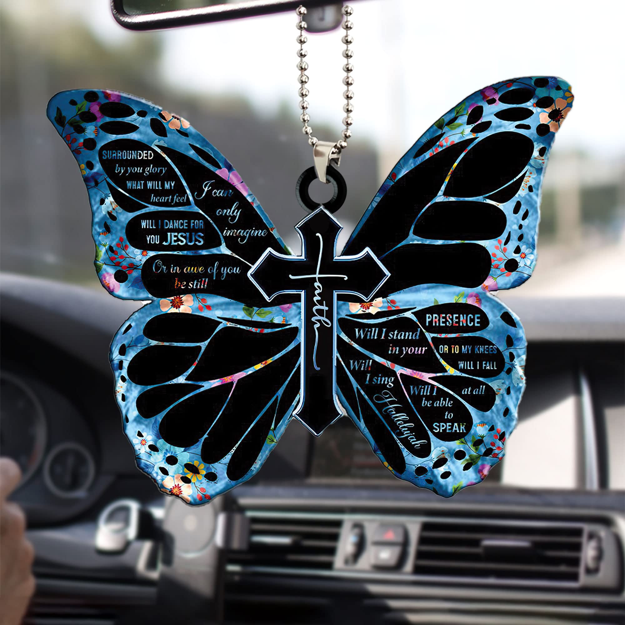 Blue Butterfly Faith Jesus Cross Christian Car Mirror Charm - 2D Flat Hanging Pendant for Rearview Decor, Christmas Tree Ornament & Gift (Perfect for Car Interior, Holiday Decorations & Religious Gifts)