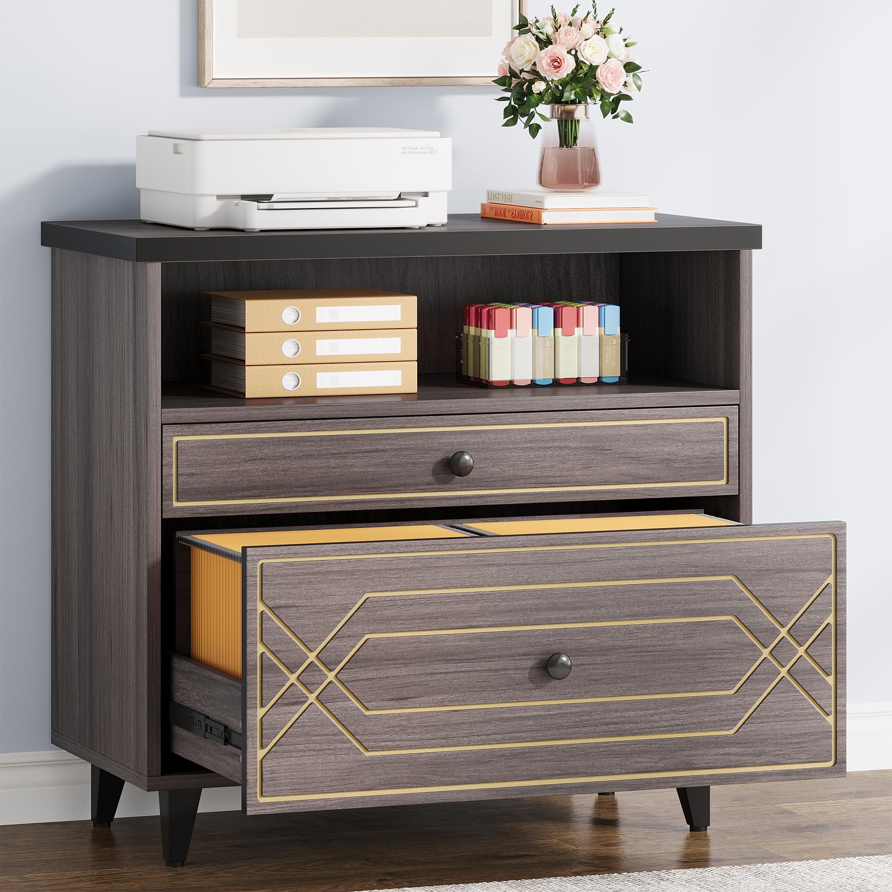 Condemo 2-Drawer Lateral File Cabinet with Shelf - Letter Size Filing Cabinet, Modern Industrial Office Storage & Printer Stand for Home Office, Gray Brown - Perfect for Organizing Documents & Office Supplies