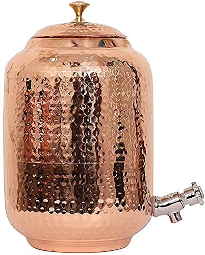 Hammered Copper Water Dispenser & Storage Pot - 4L/5L/7L/8L Capacity with 1 Tank, 2 Glasses & 1 Bottle (7L Set) | Traditional Matka Vessel for Home, Office & Outdoor Use | Natural Water Cooling & Purification