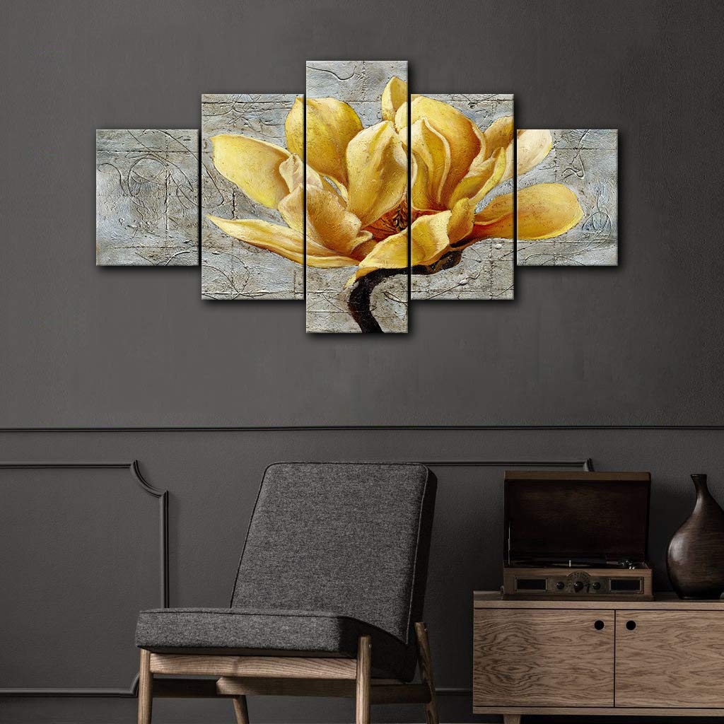 Modern 5-Panel Canvas Wall Art - Black White Yellow Grey Rose Flower on Grey Wooden Board - Stretched & Framed Ready to Hang - Perfect for Living Room, Bedroom, Bathroom & Office Decor