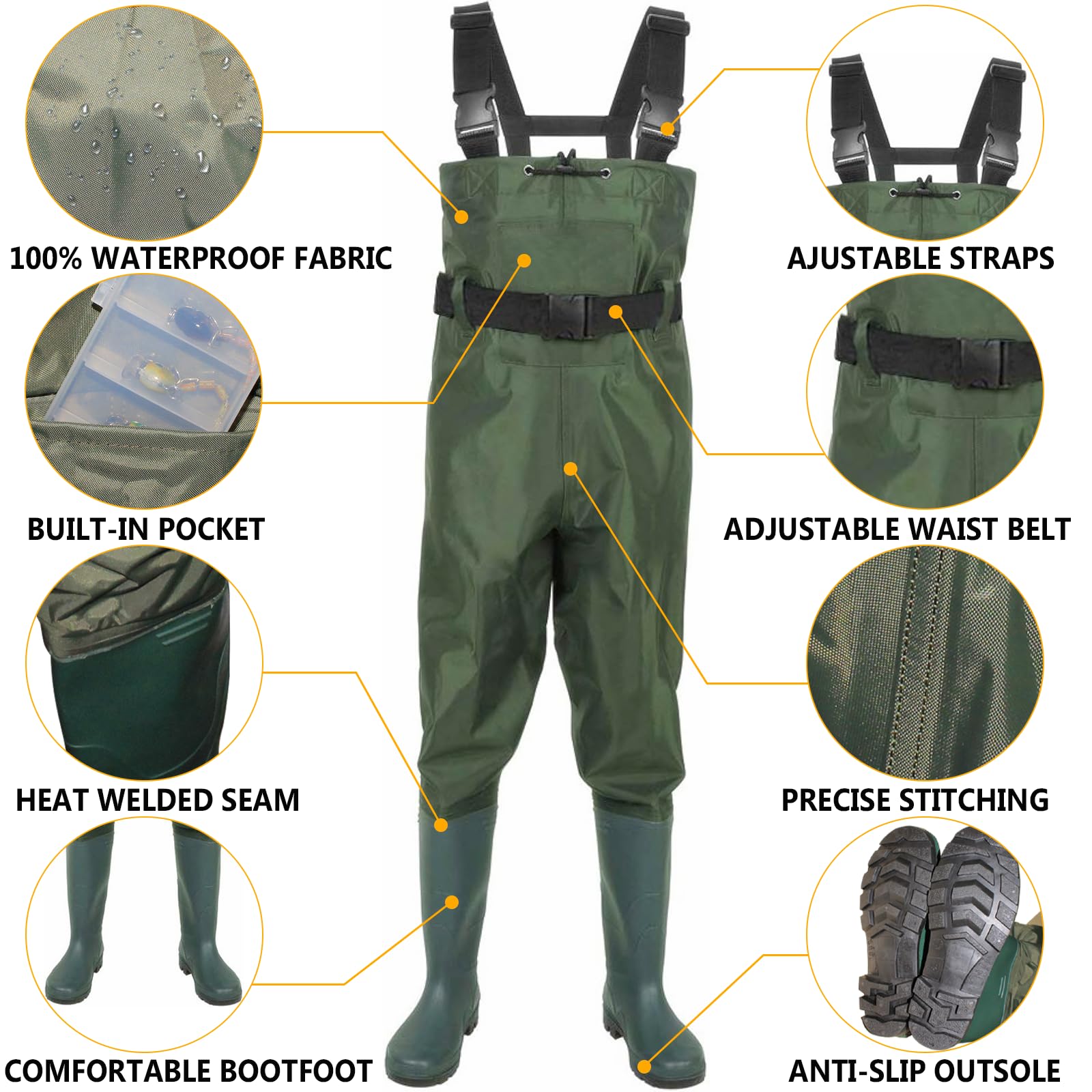 Waterproof Fishing Waders for Men & Women - 3-Ply Nylon/PVC Bootfoot Chest Waders - Ideal for Fly Fishing, Duck Hunting & Outdoor Adventures