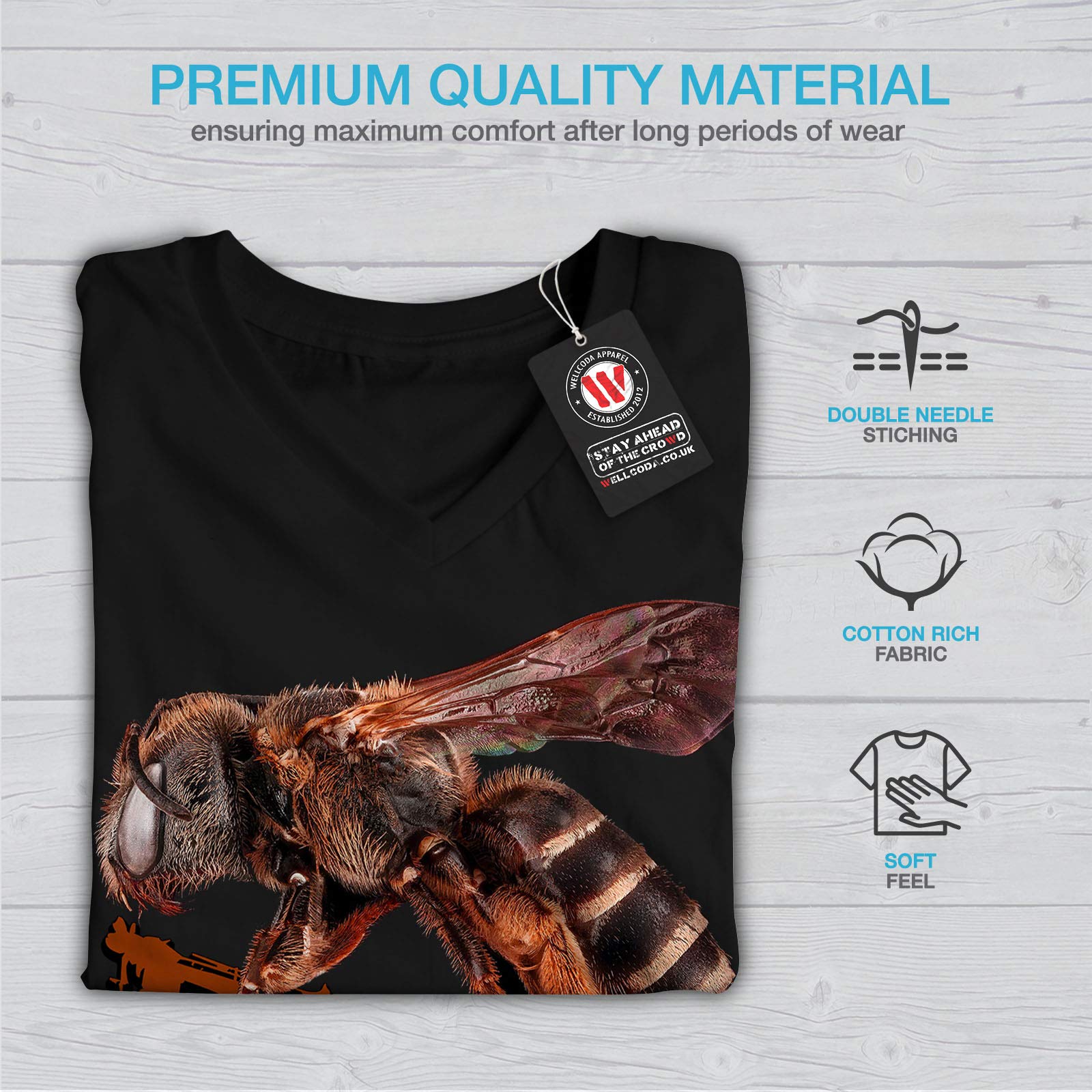 Wellcoda Fly Bee Insect Bug Men's V-Neck Graphic T-Shirt - Casual Summer Tee with Nature Design for Outdoor Activities and Streetwear