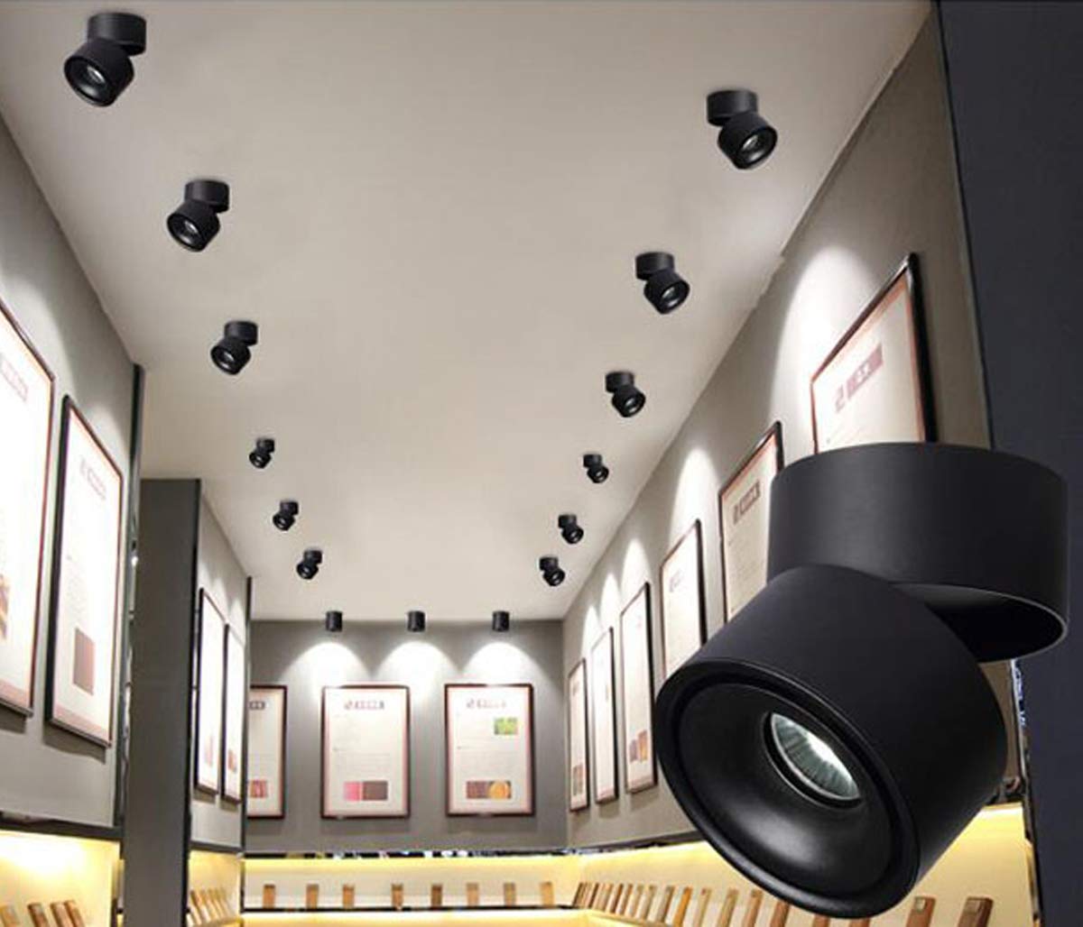360° Adjustable LED Ceiling Spotlight - 10W COB Surface Mounted Light with 3000K/4000K/6000K Color Options - Aluminum Wall & Ceiling Downlight for Living Room, Bedroom, Kitchen (Black, 4000K Natural White)