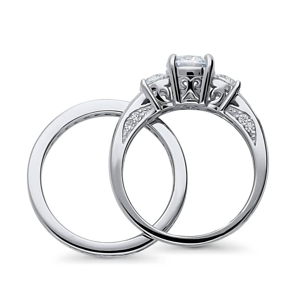 BERRICLE Sterling Silver 3-Stone Wedding & Engagement Ring Set - 1 Carat Round Cut Cubic Zirconia CZ for Women - Rhodium Plated Size 4-10 - Perfect for Proposals, Anniversaries & Special Occasions