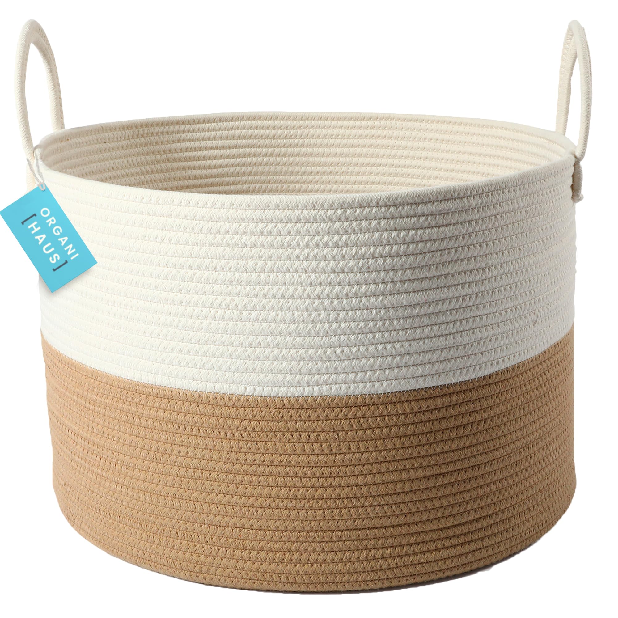 OrganiHaus Extra Large Woven Storage Baskets - 20x13 Inch White Decorative Basket for Blankets, Toys & Laundry | Perfect for Living Room Organization, Nursery Storage & Home Decor | Durable Woven Cotton Basket for Home, Bedroom & Baby Essentials