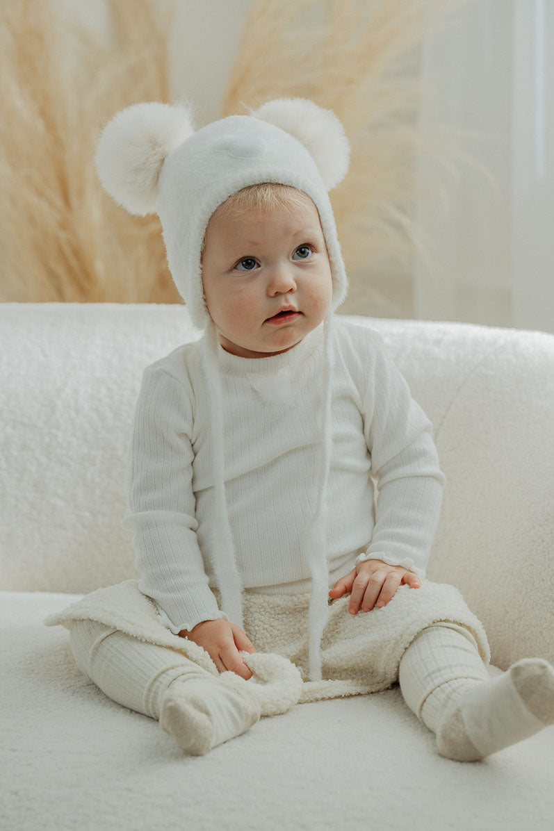Soft Ivory Cashmere Bear Pom Pom Hat - Cozy Winter Beanie for Women & Girls - Perfect for Cold Weather, Outdoor Activities & Fashion Accessories