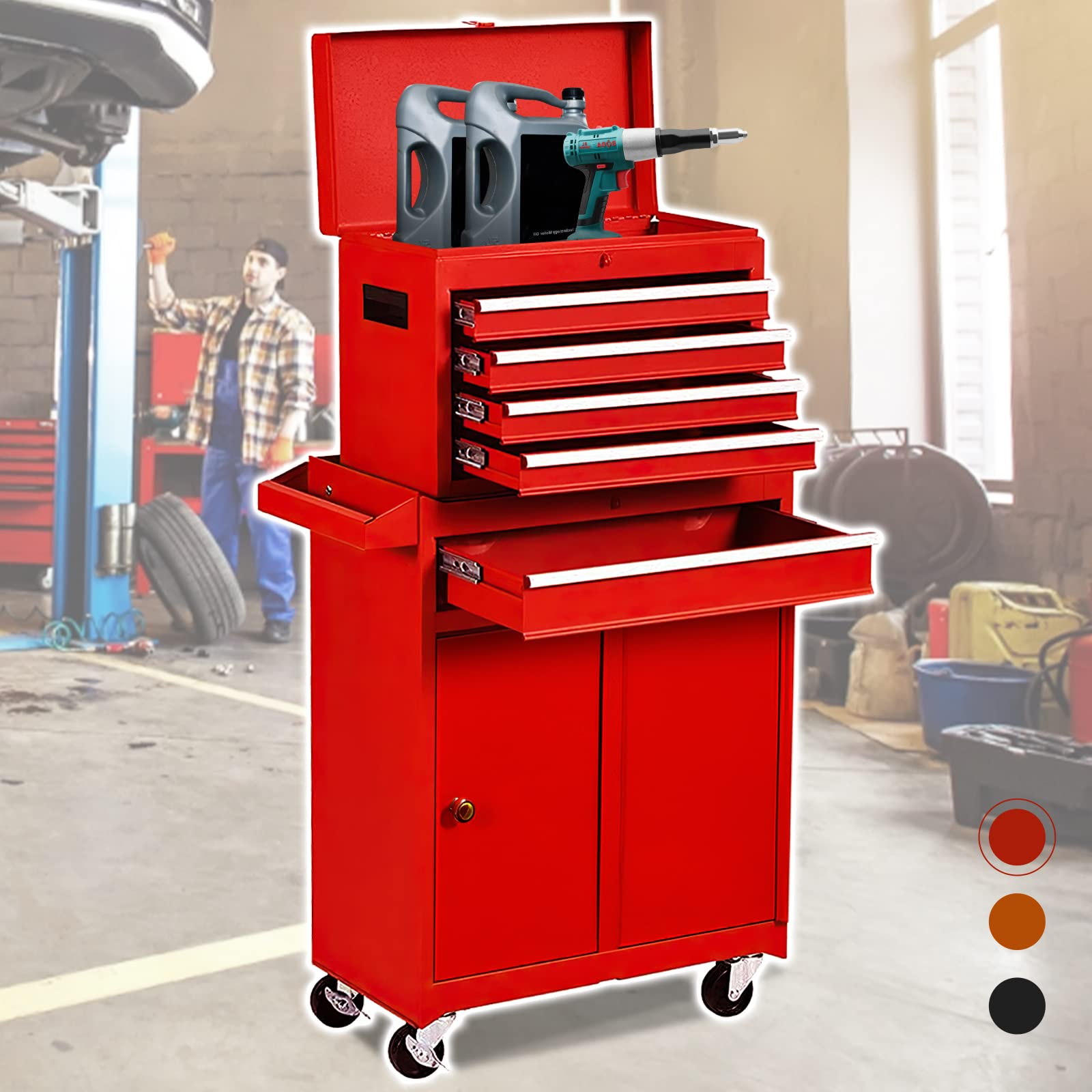 High Capacity 5-Drawer Rolling Tool Chest Box with Portable Top Box & Keyed Locking System - Garage Storage Cabinet with Wheels, Toolbox Organizer (Red) - Perfect for Home Garage, Workshop & Professional Mechanics