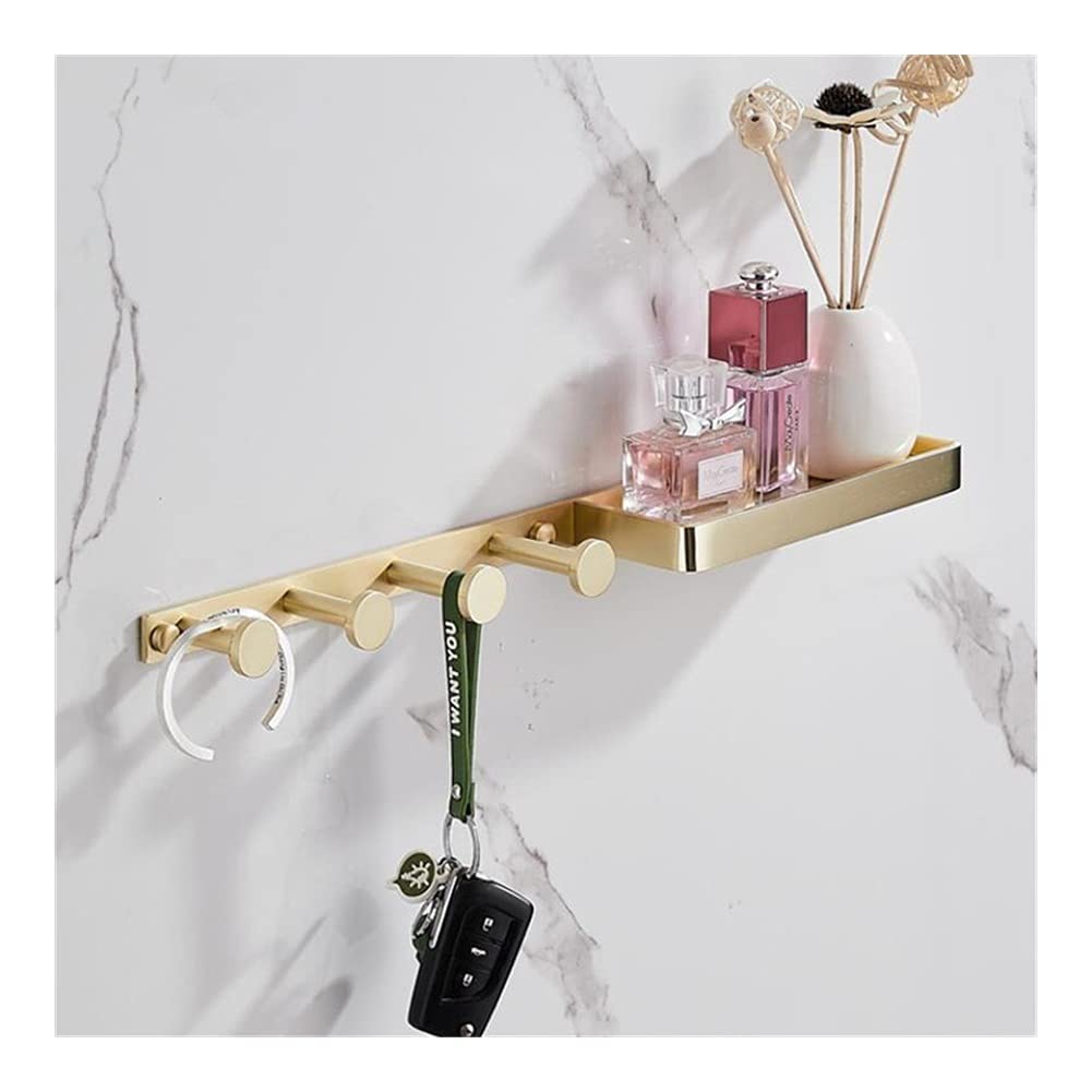 Brushed Gold Bathroom Shelf Set - Towel Bar, Rack, Hanger, Paper Holder & Toilet Brush Holder | Modern Bathroom Hardware & Storage Solution for Home Decor (Shelf with Hooks) | Perfect for Spa-Like Bathrooms, Guest Suites & Luxury Home Renovations