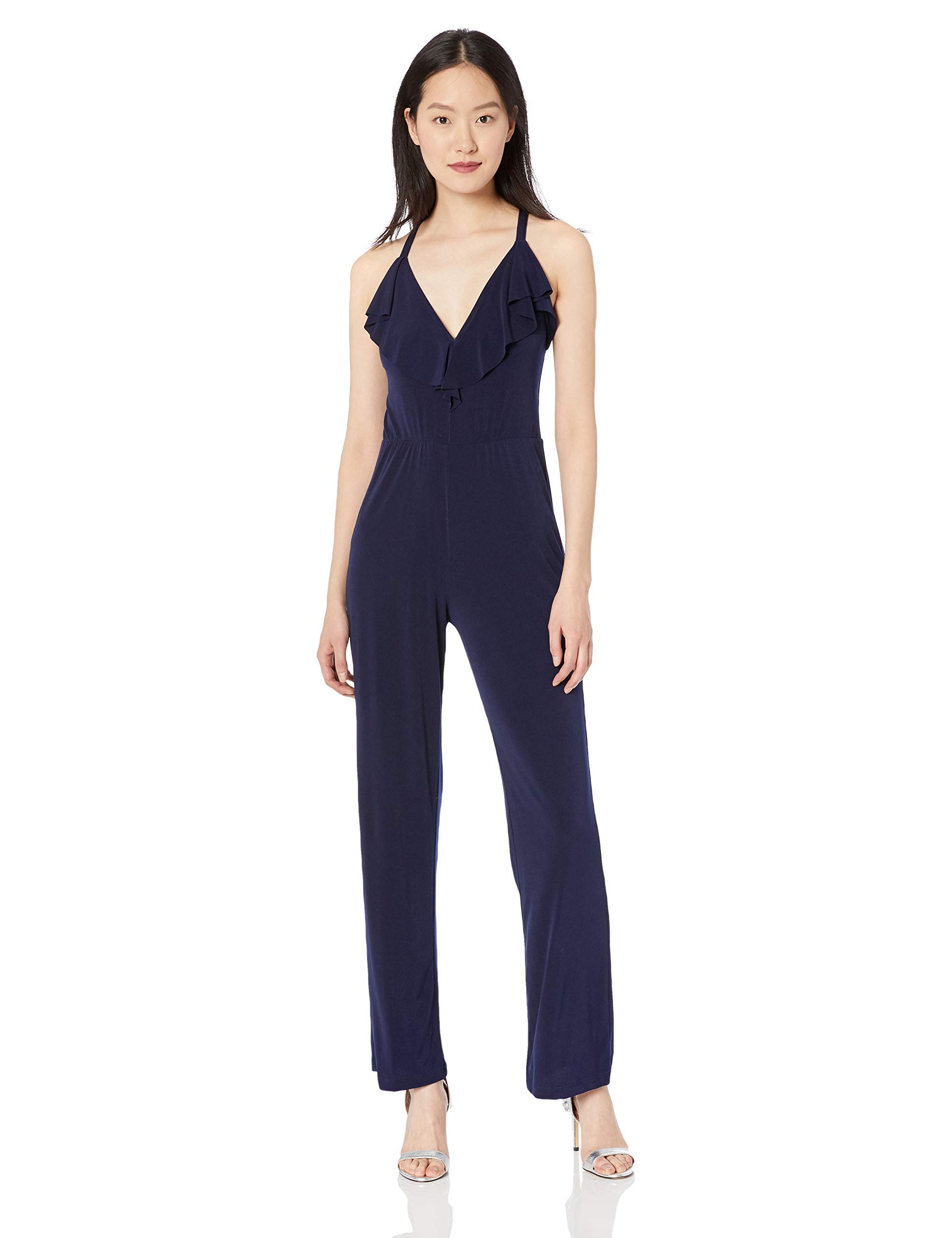 Bebe Women's Ruffle Cross Back Jumpsuit - Stylish Romper for Summer, Party & Vacation - Perfect for Beach, Date Night & Outdoor Events