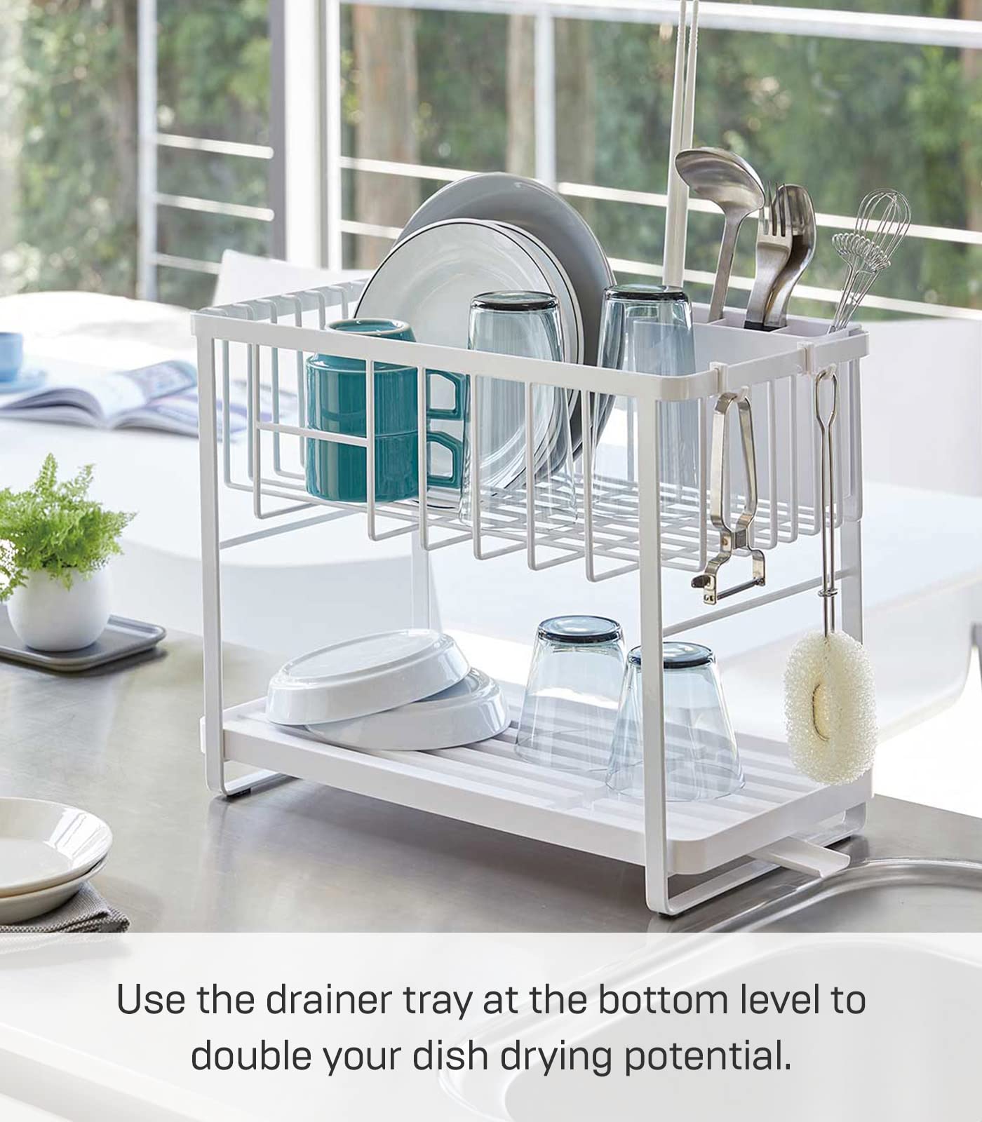 Yamazaki Home Two-Tier Adjustable Dish Drying Rack - Compact Steel Kitchen Organizer with Hooks & Utensil Holder - Water Resistant, No Assembly Required - Perfect for Small Spaces, Countertop Organization & Dish Drainage - White