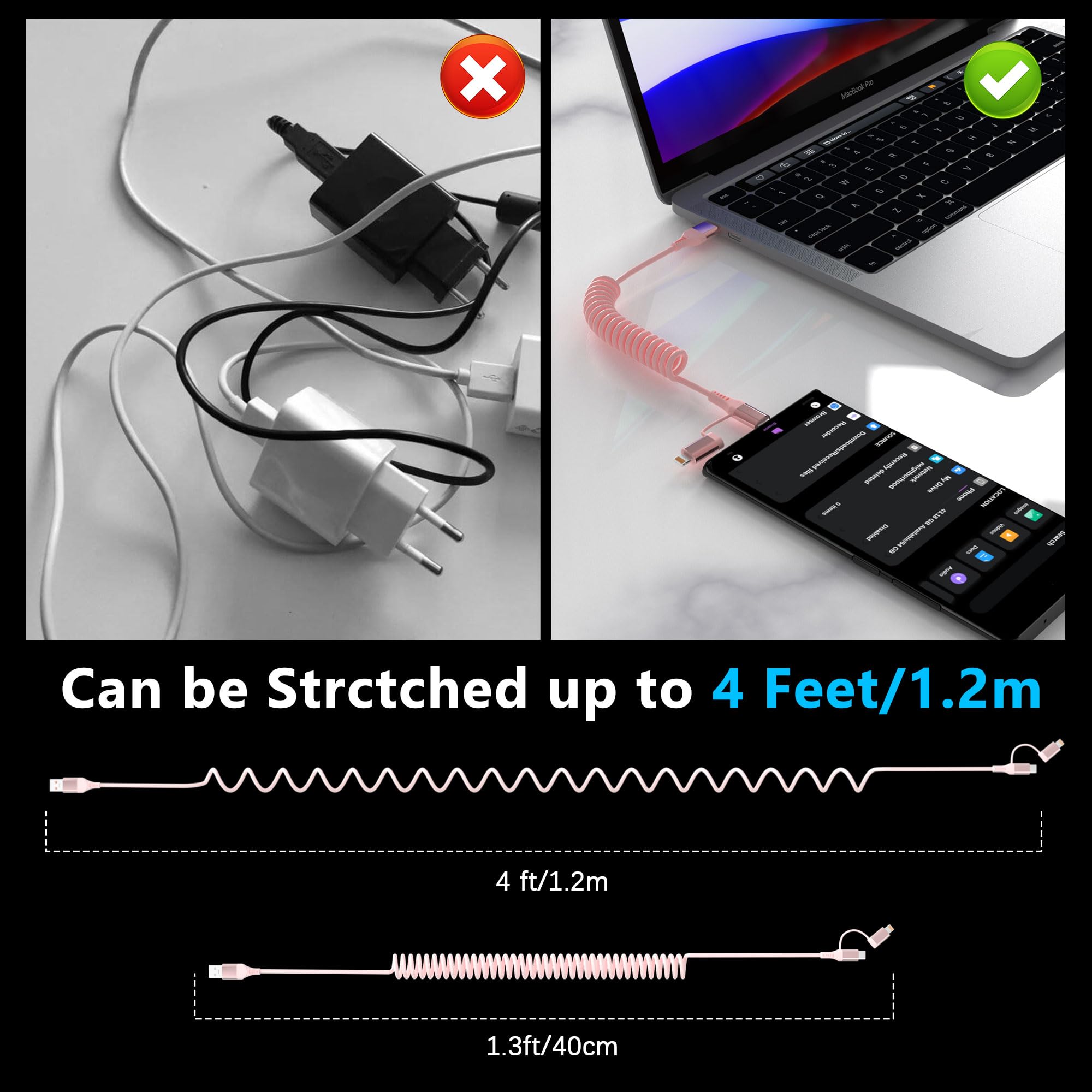 MFi Certified 3-in-1 USB to USB-C/Lightning Coiled Cable - 3A Fast Charging & Data Sync for iPhone 16/15/14/13/12, Android Auto & Apple CarPlay - Short Pink Charging Cable for Car, Home & Office Use