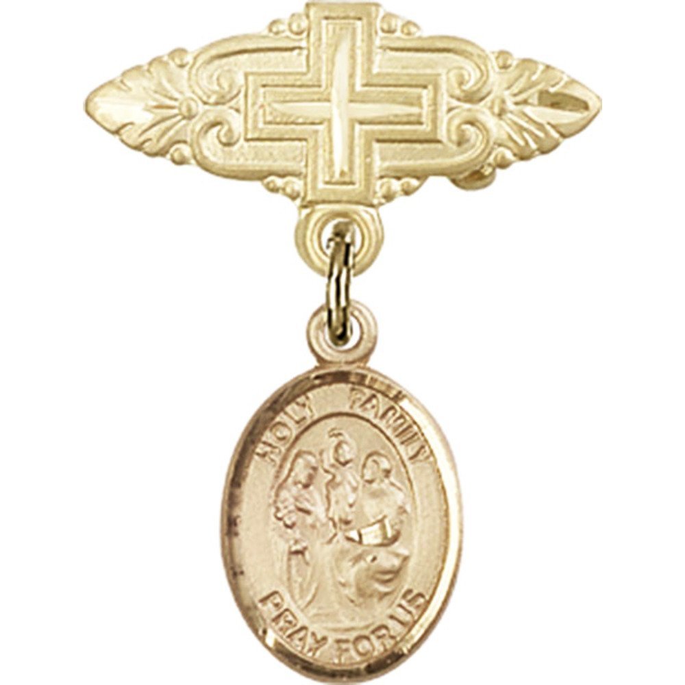 Gold Filled Baby Badge with Holy Family Charm & Cross Pin - 1 X 3/4 Inch Religious Jewelry for Baptism, Christening & First Communion Gifts
