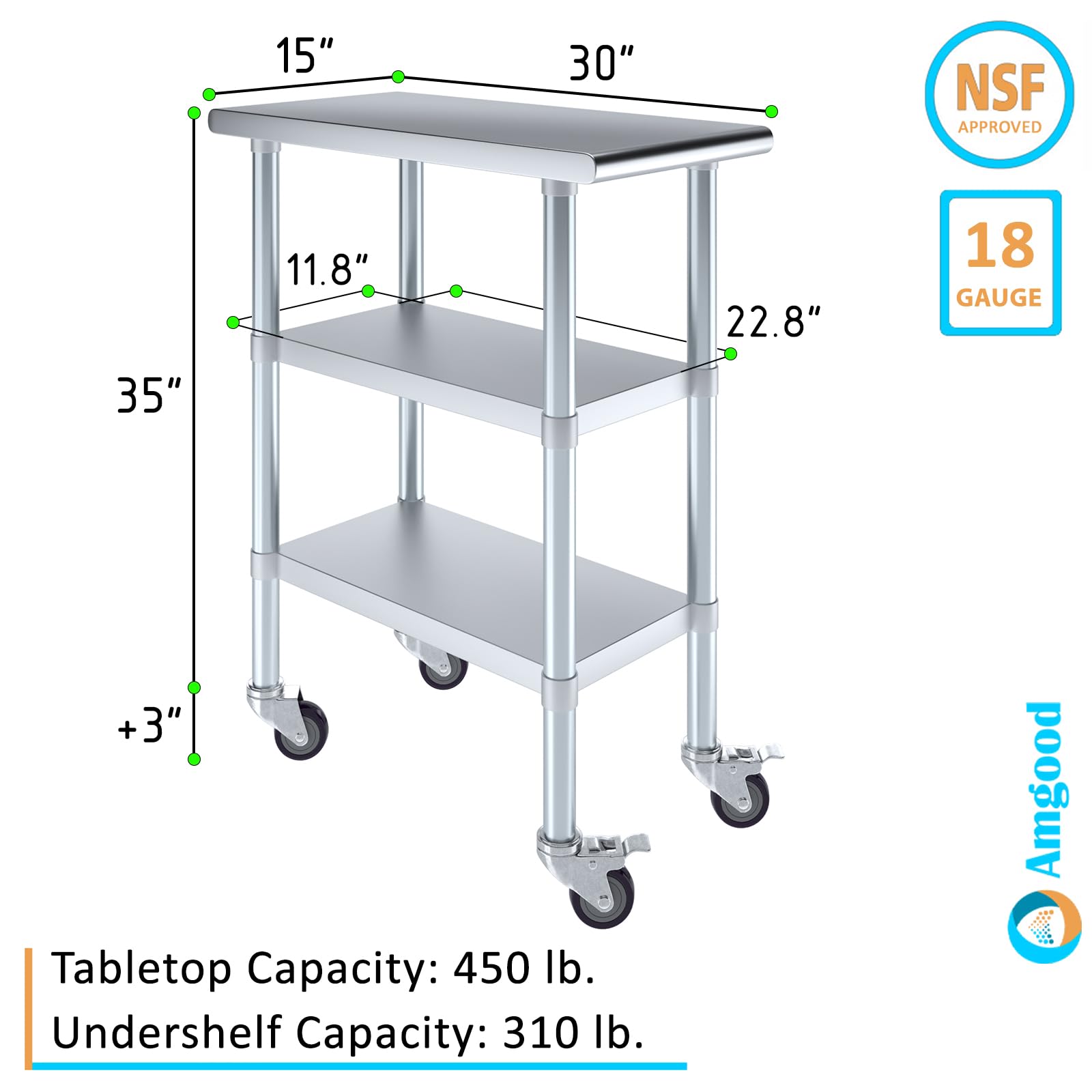 AmGood Stainless Steel Work Table with 2 Shelves & Wheels - 15x30 Inch Heavy Duty Metal Utility Table for Kitchen, Restaurant, or Garage | Commercial-Grade Rolling Workstation with Casters