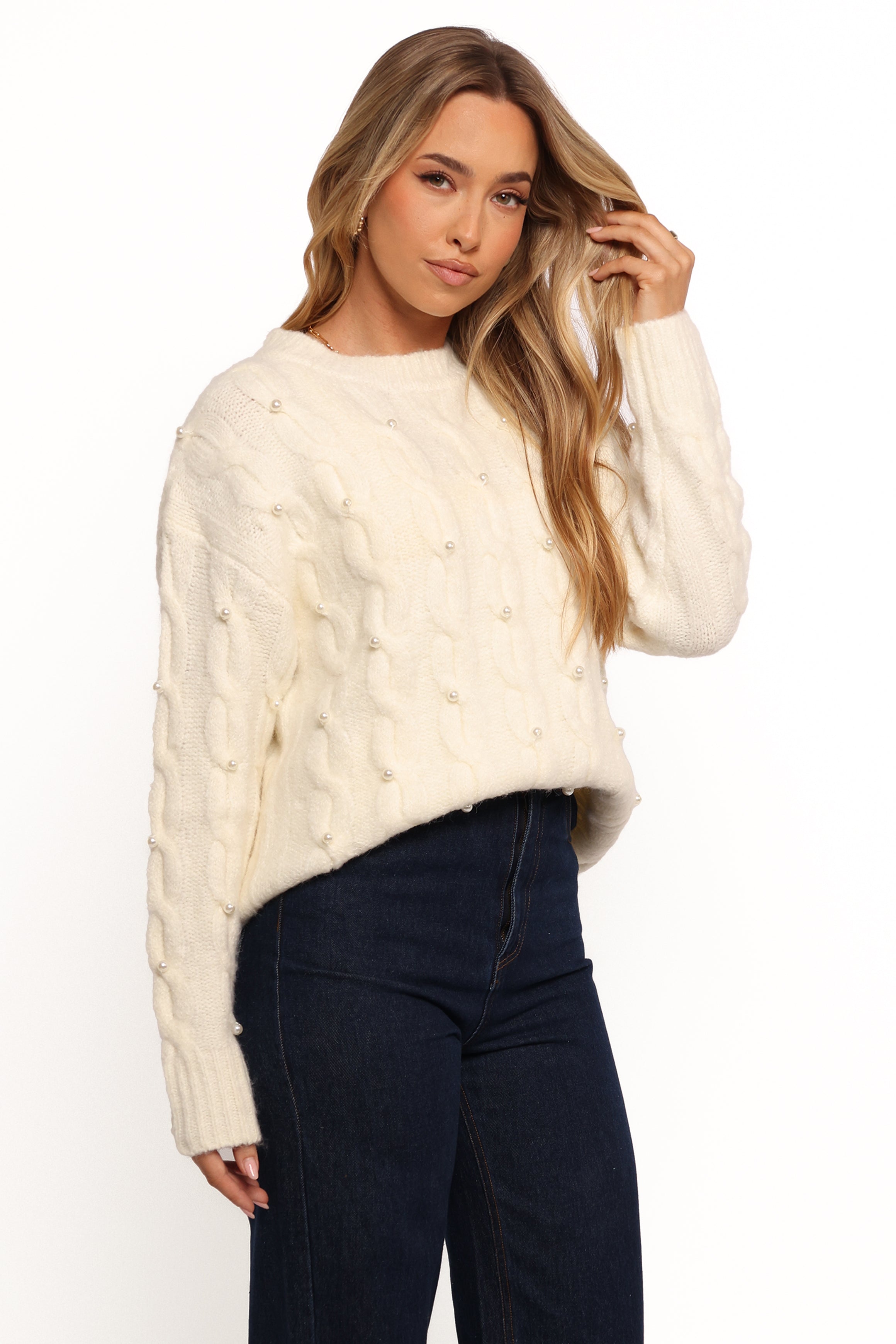 Kalai Cable Knit Pearl Detail Sweater for Women - Soft Cream Knit Pullover - Cozy Winter Fashion Top for Casual Outings & Holiday Gatherings