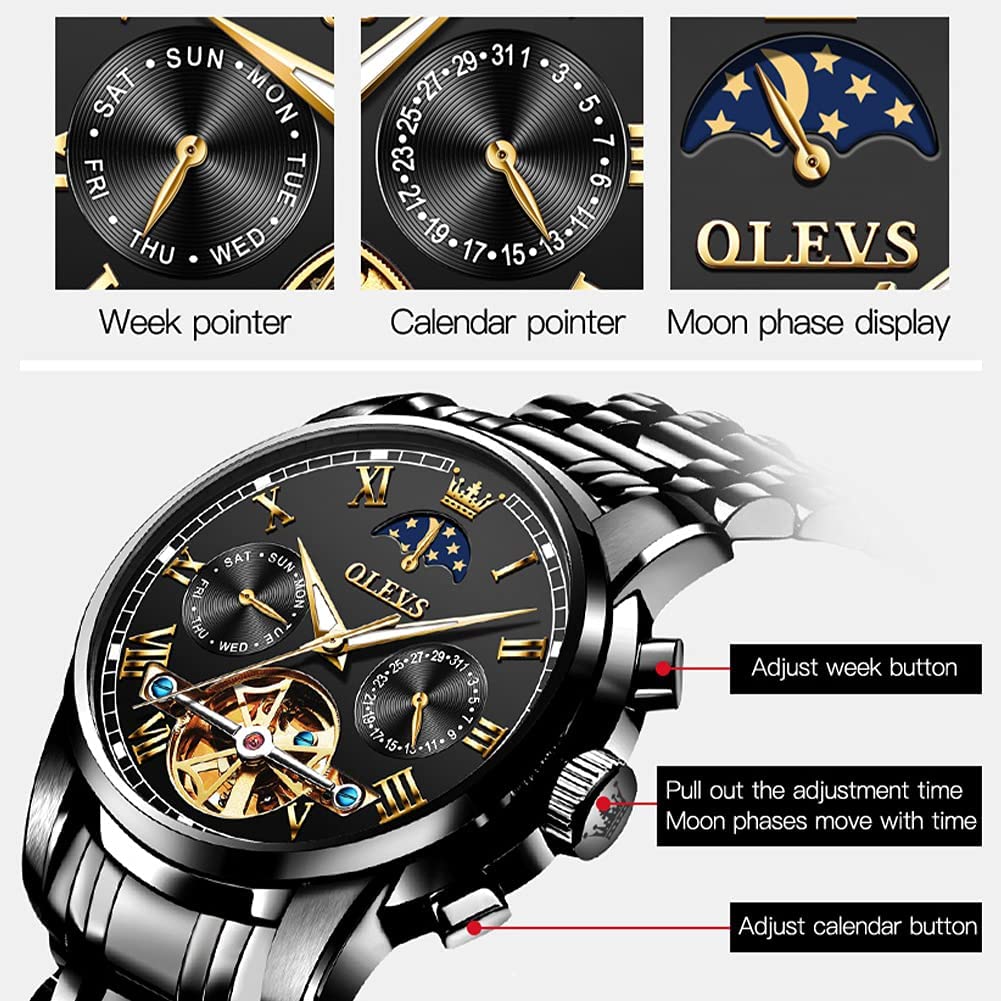 OLEVS Men's Automatic Mechanical Tourbillon Watch - Self-Winding Luxury Stainless Steel Waterproof Wristwatch with Luminous Hands & Date Display | Perfect for Business, Formal Events & Everyday Wear