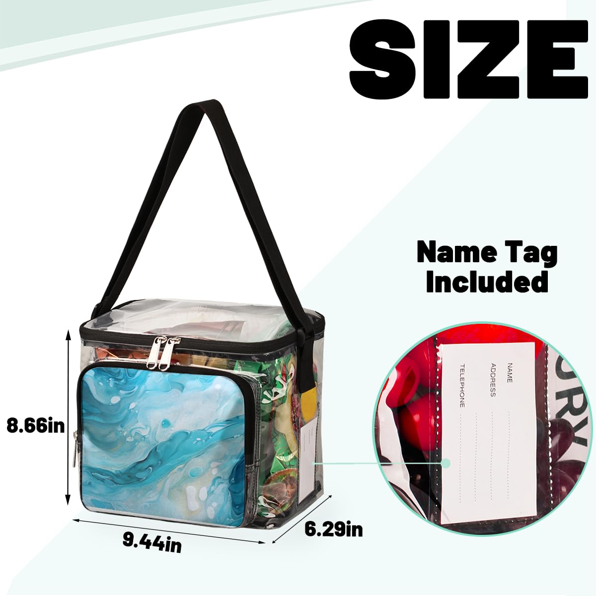 GzLeyigou Blue Marble Print Clear Tote Bag with Handles - Transparent Crossbody Shoulder Bag for Lunch, Outdoor, Travel, Picnic, Concerts & Sports Events (Stadium Approved) - Stylish & Functional for Daily Use, Shopping, Beach Trips and Music Festivals