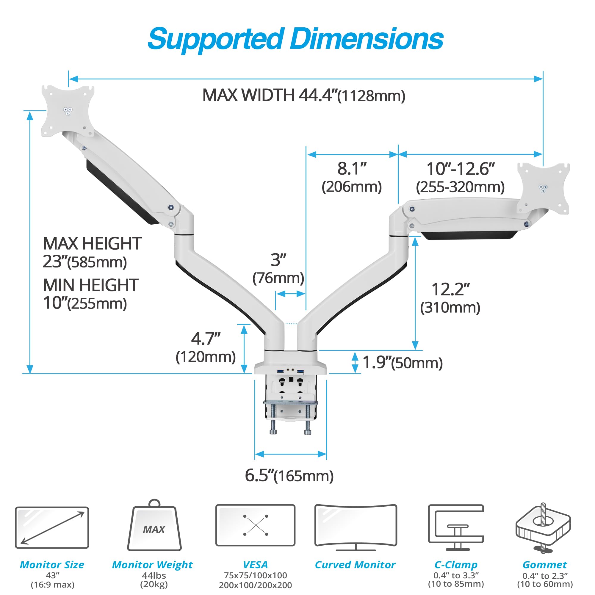 AVLT Dual Monitor Arm 13-43 Inch - Adjustable Full Motion Desk Mount for 2 Flat or Curved Screens with Height, Swivel, Tilt & Rotation - White (VESA 75x75/100x100) - C-Clamp/Grommet Mount & Cable Management - Perfect for Home Office, Gaming Setup & Workstation