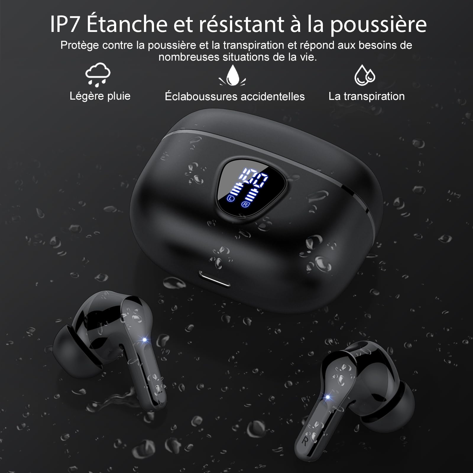 Wireless Bluetooth Headphones 5.3 with Immersive Bass, 4 ENC Mic Noise Cancelling Earbuds, 40H Playtime LED Display, IP7 Waterproof Touch Control - Perfect for Gym, Running, Travel & Work (Black, 2024 Model)