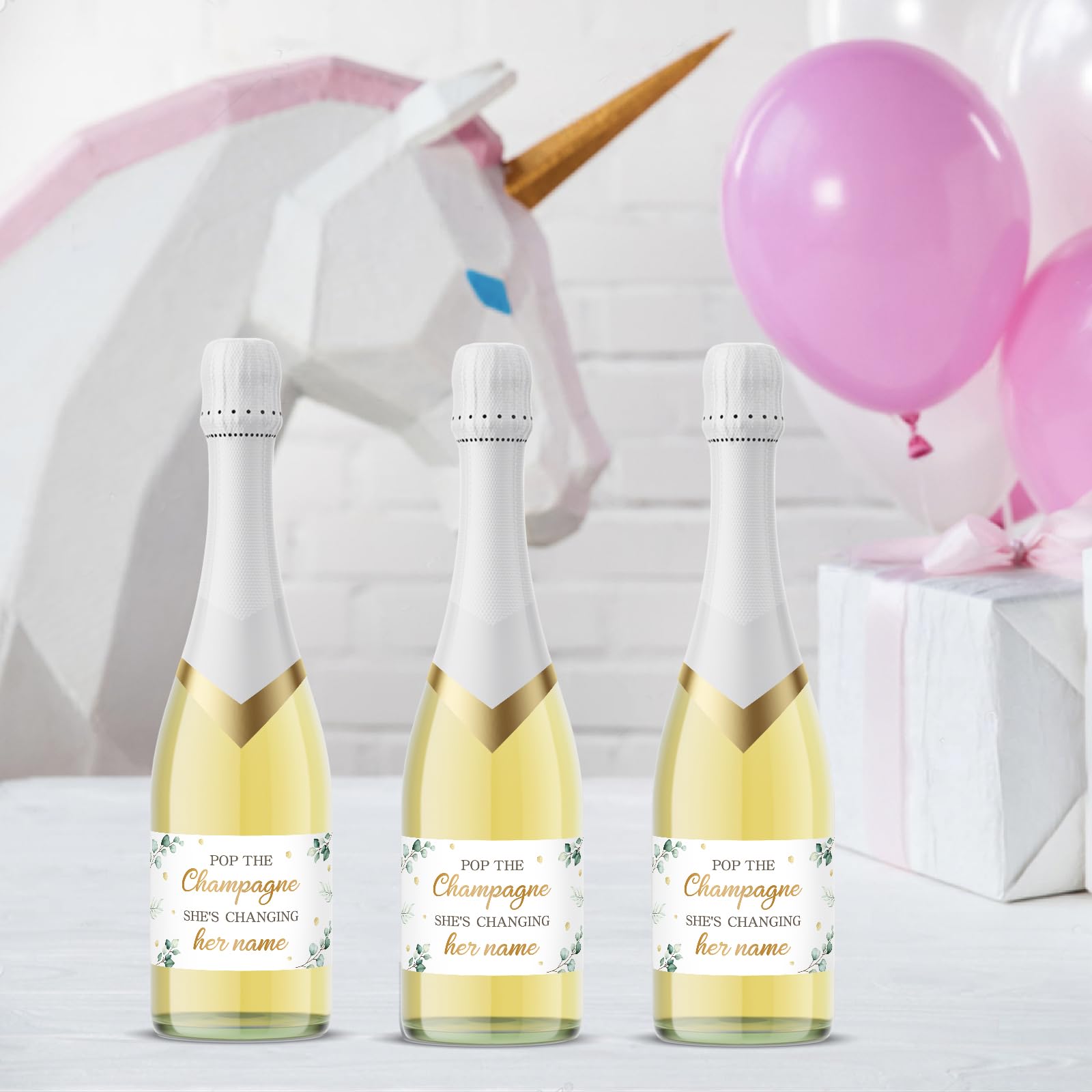Bachelorette Party Mini Champagne Bottle Labels - Set of 20 Bridal Shower Decor Stickers for 'Pop The Champagne She's Changing Her Name' Theme - Perfect for Wedding Showers, Girls Night & Celebrations
