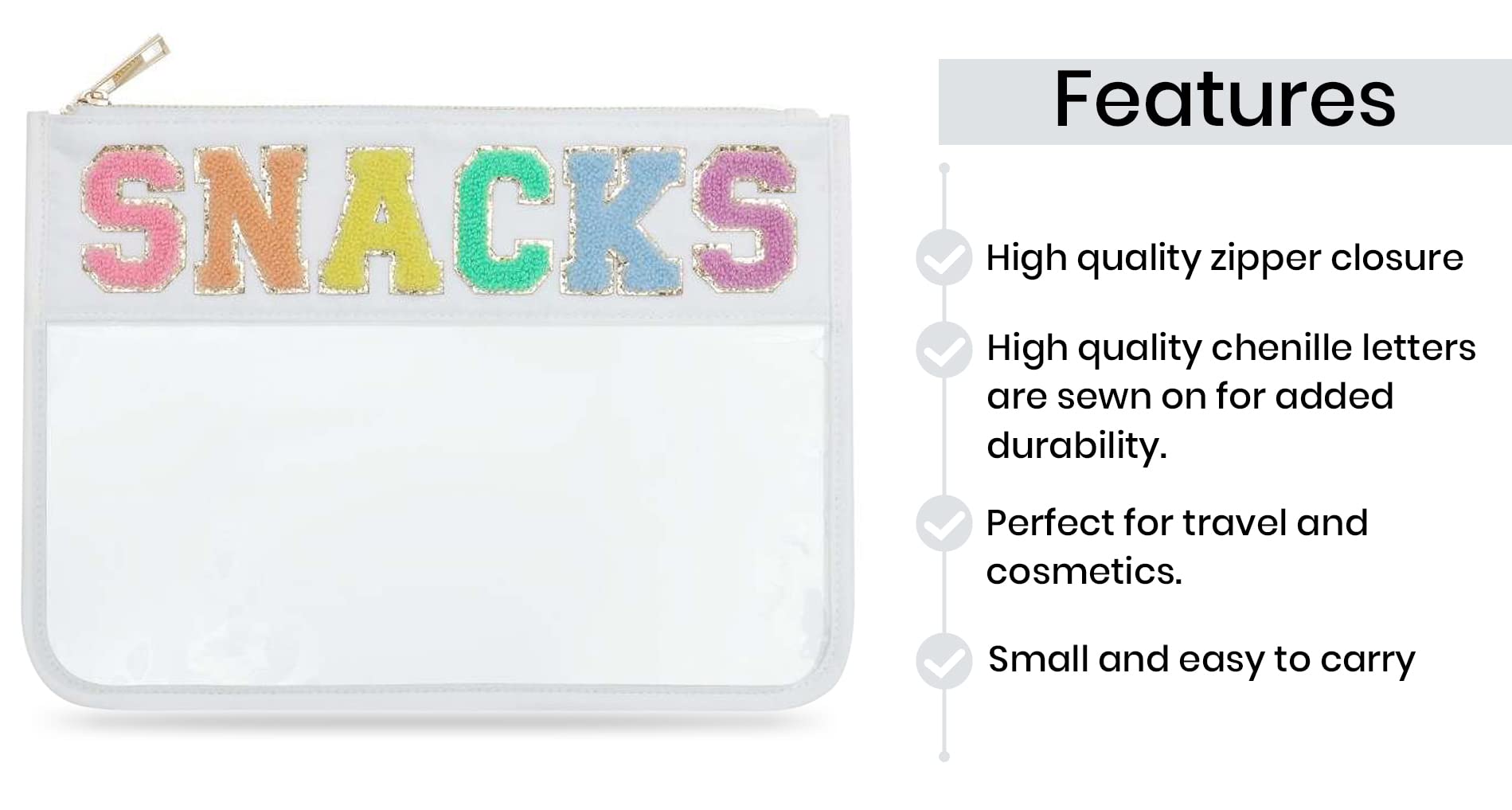 Chenille Letter Snack Pouch - Clear PVC & Nylon Zipper Snack Bag for Travel, School & Organization | Glittery Reusable Food Storage Container for Women & Kids | Perfect for Lunch, Snacks & On-the-Go Meals | White Chenille Letter Bag