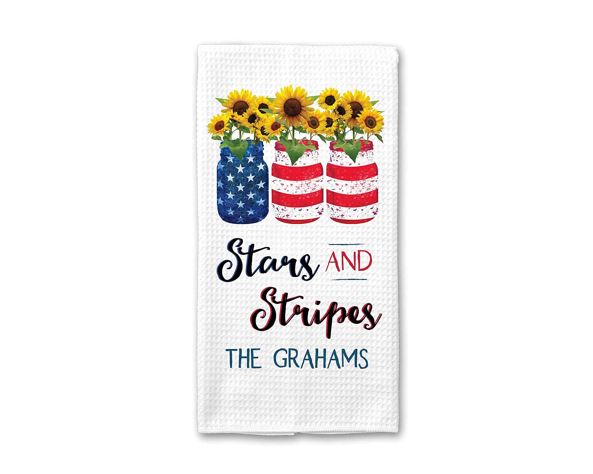 Personalized Stars and Stripes Kitchen Towel - Custom Waffle Weave Dish Towel for 4th of July Decor, Independence Day & Summer Kitchen Accessories - Perfect for Patriotic Home Decor, BBQ Parties & Holiday Gifting