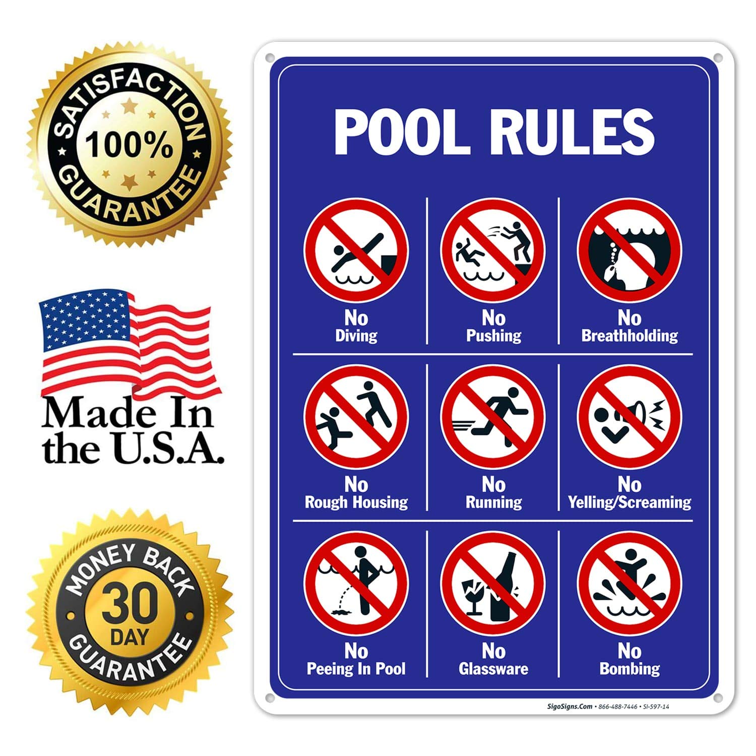 Pool Rules Sign by Sigo - No Diving, No Pushing, No Running, No Peeing in Pool - 10x14 Inches, 55 mil Thick HDPS (High Density Polystyrene), Made in USA - Perfect for Public Pools, Water Parks & Backyard Swimming Pools